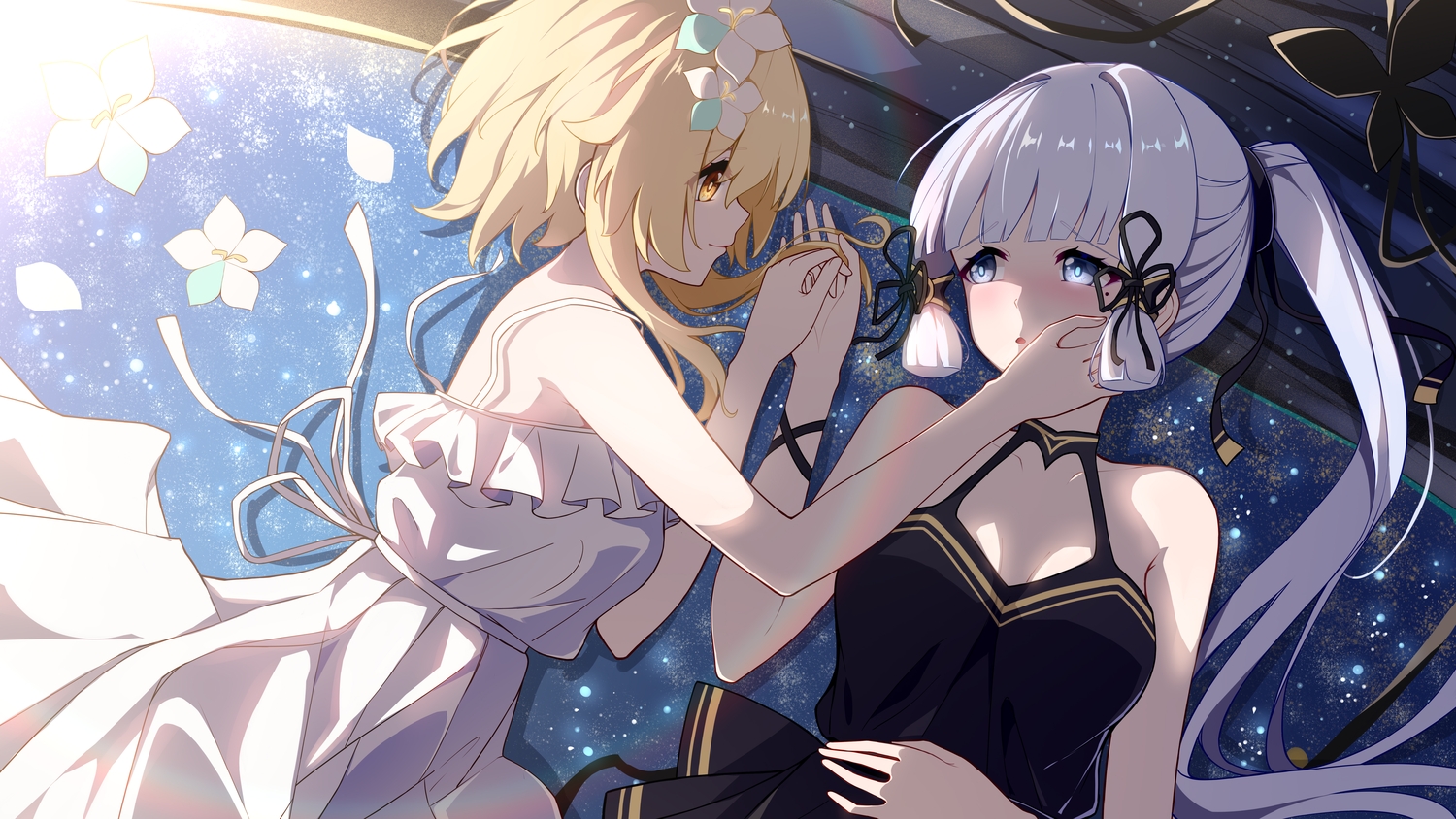 2girls, blonde_hair, dress, genshin_impact, gray_eyes, gray_hair, kamisato_ayaka, long_hair