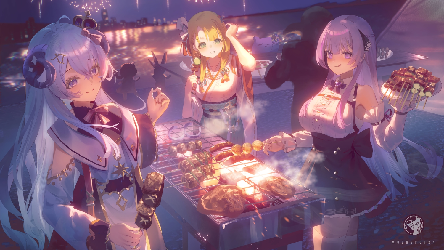 abroccoli, blonde_hair, bow, braids, building, city, crown, dress, festival, fireworks, food, green_eyes, group, horns, hoshikage_lapis, indie_virtual_youtuber, japanese_clothes, kimono, long_hair, night, otsuka_ray, pina_pengin, purple_eyes, purple_hair, sheepgirl, skirt, sky, thighhighs, water, watermark, zettai_ryouiki