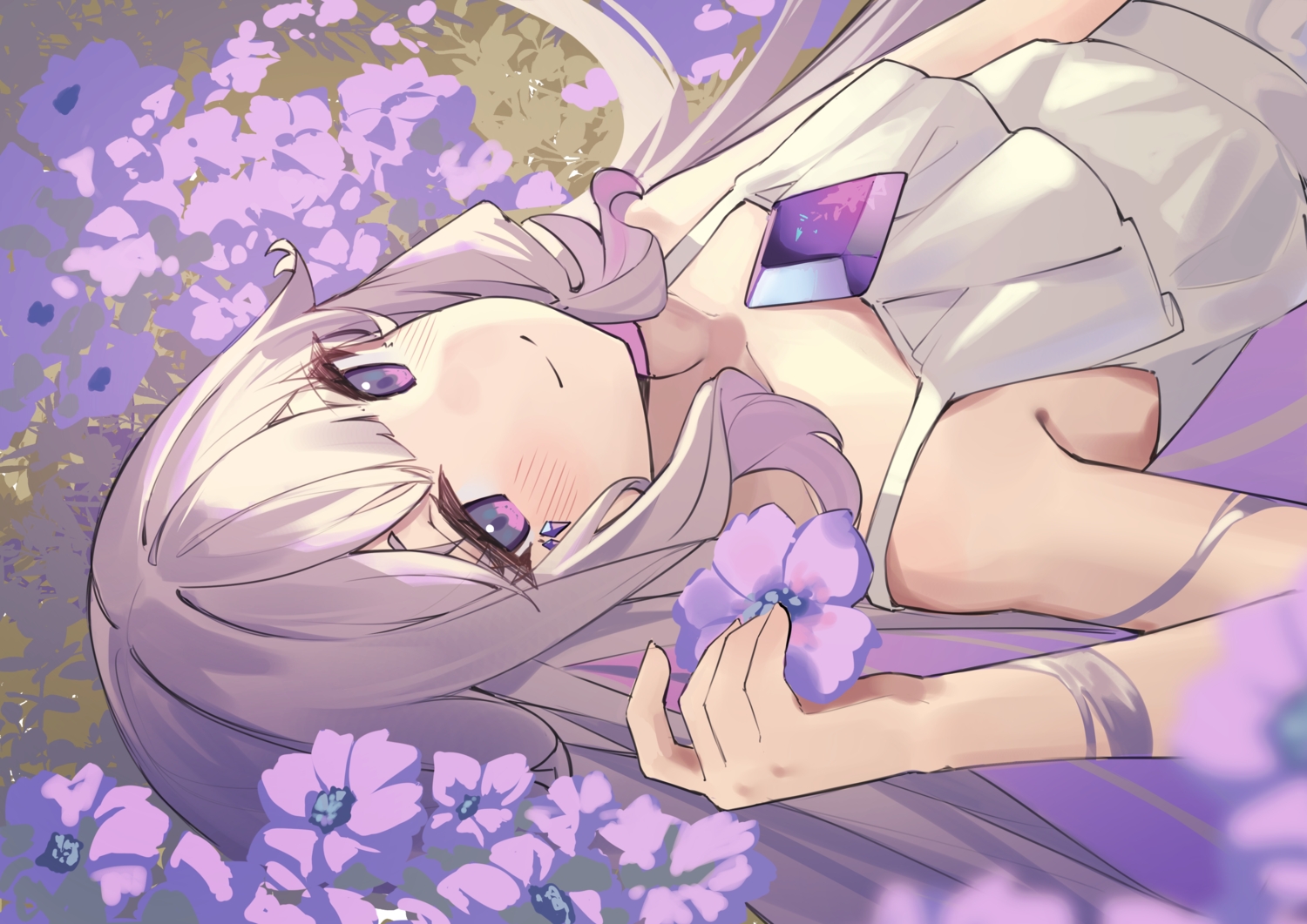 blush, close, dress, flat_chest, flowers, gray_hair, hololive, koseki_bijou, long_hair, purple_eyes, ricke_2002, sketch, summer_dress
