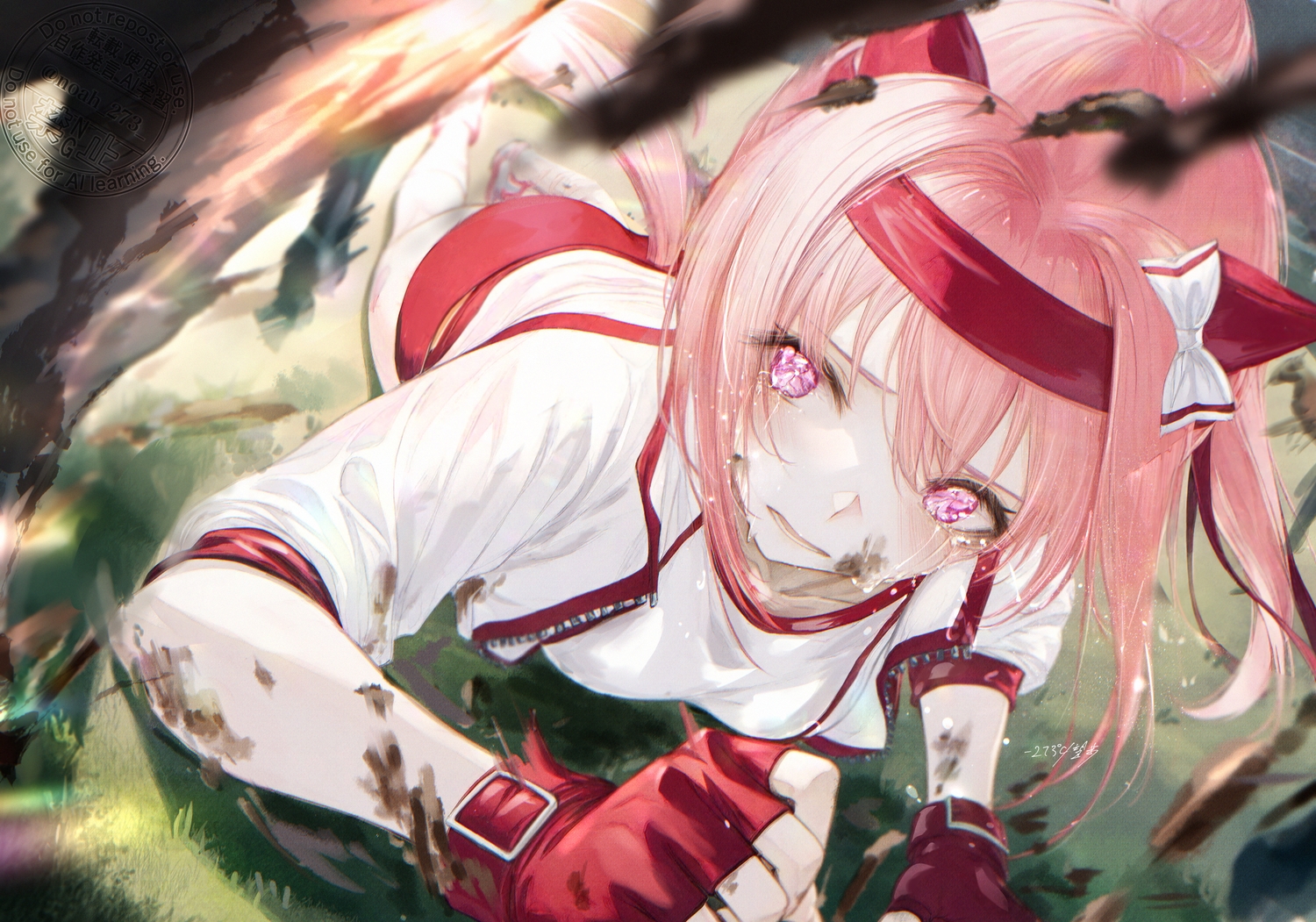 anthropomorphism, bow, crying, gloves, grass, haru_urara_(umamusume), hood, long_hair