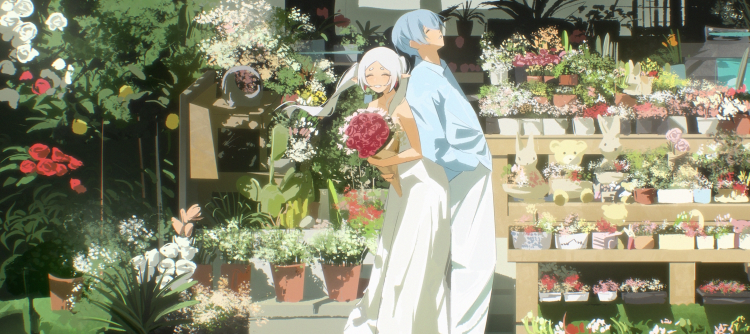 blue_hair, blush, dress, flowers, frieren, himmel_(sousou_no_frieren), leaves, long_hair