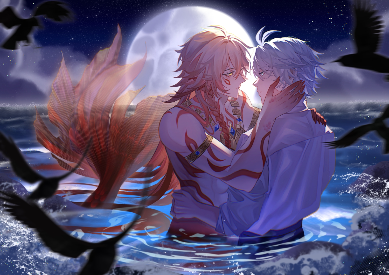 aliasing, all_male, animal, aqua_eyes, bird, blonde_hair, blush, braids, honkai_(series), honkai:_star_rail, hug, luowu05578, male, mermaid, moon, mydei_(honkai:_star_rail), necklace, phainon_(honkai:_star_rail), shirt, short_hair, shounen_ai, sky, tattoo, water, white_hair, yellow_eyes