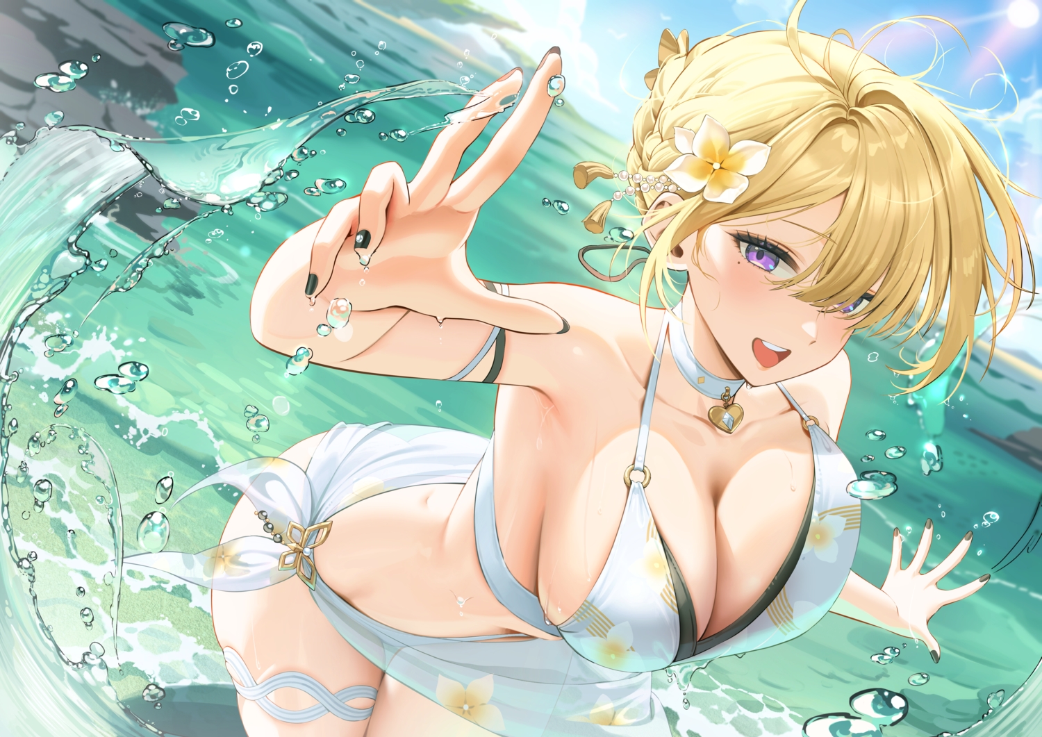 bikini, blonde_hair, braids, breasts, choker, cleavage, close, clouds, evelyn_chevalier, garter, kkuni, purple_eyes, short_hair, sky, swimsuit, water, zenless_zone_zero