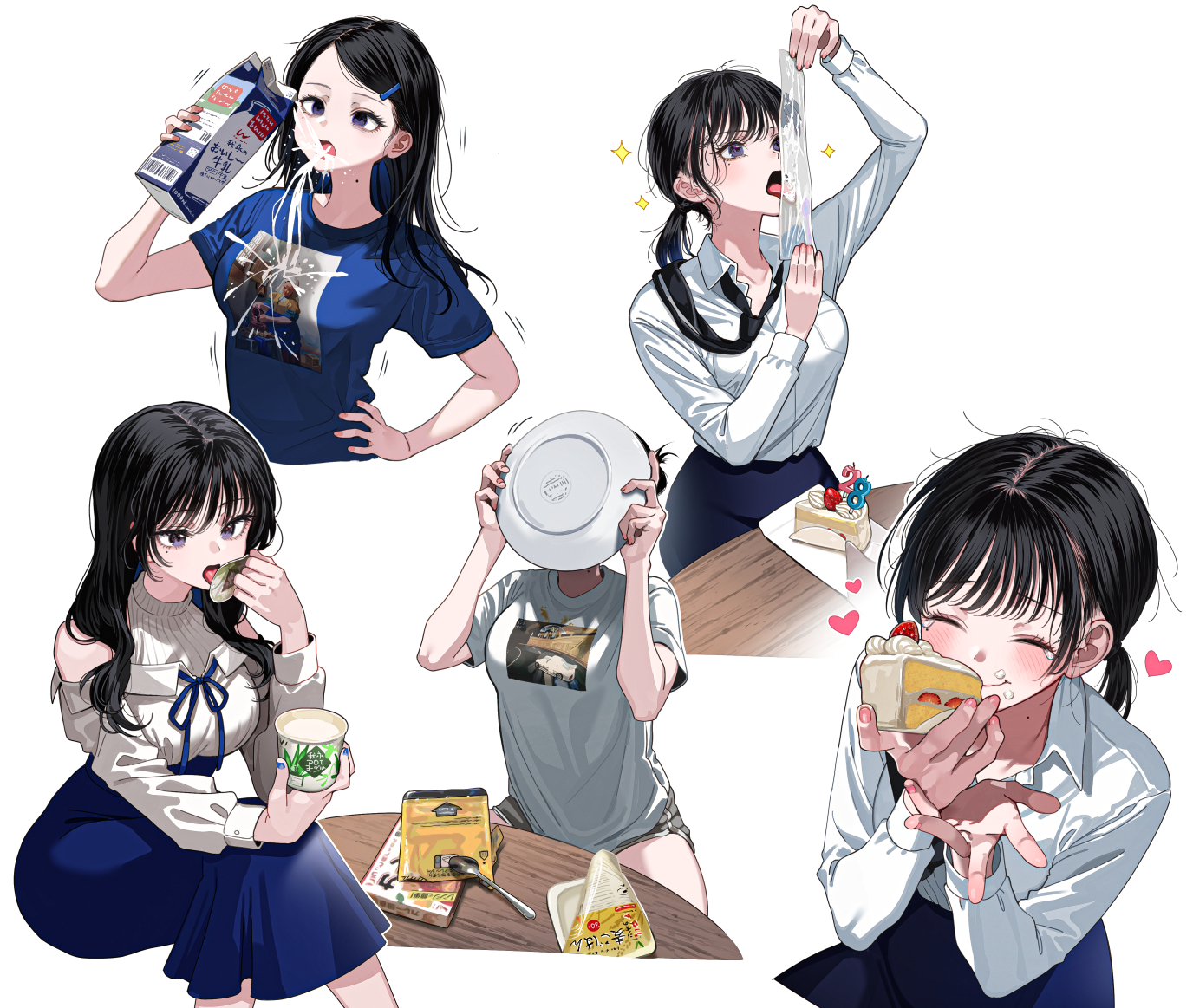 aliasing, black_hair, blush, cake, drink, food, fruit, heart