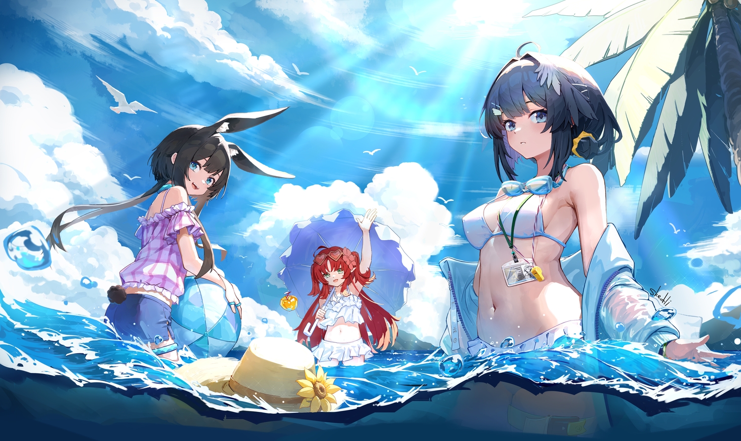 amiya_(arknights), animal, animal_ears, aqua_eyes, arknights, ball, bikini, bird