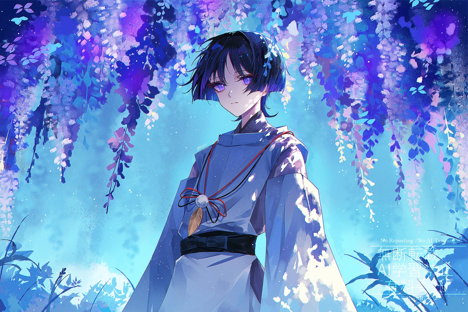 aliasing, all_male, black_hair, flowers, genshin_impact, japanese_clothes, male, neyti_(neytirv)