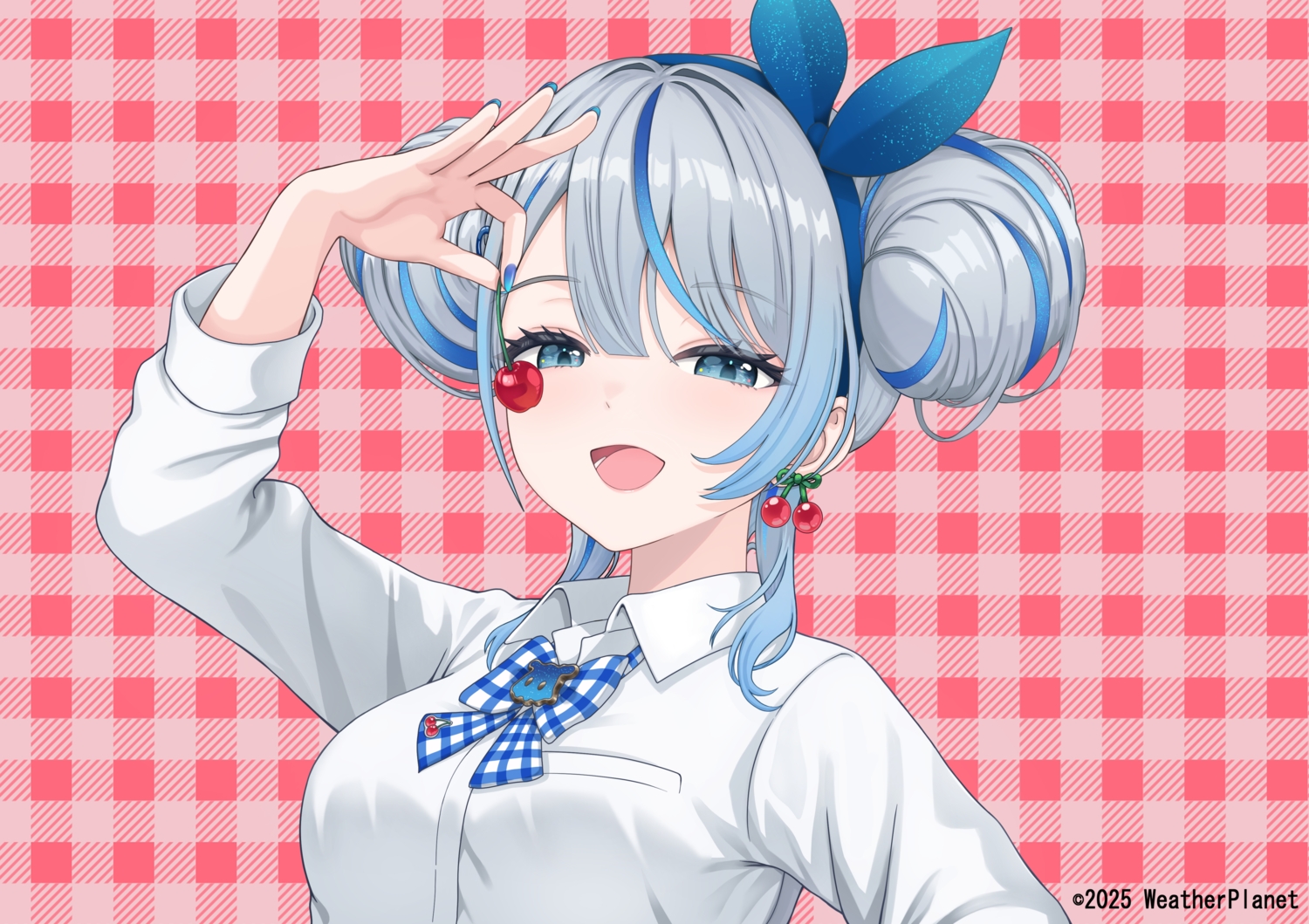 amagai_ruka, aqua_eyes, bow, cherry, close, food, fruit, gray_hair, shirt, short_hair, vocaloid, wajuniorbox, watermark, weather_planet