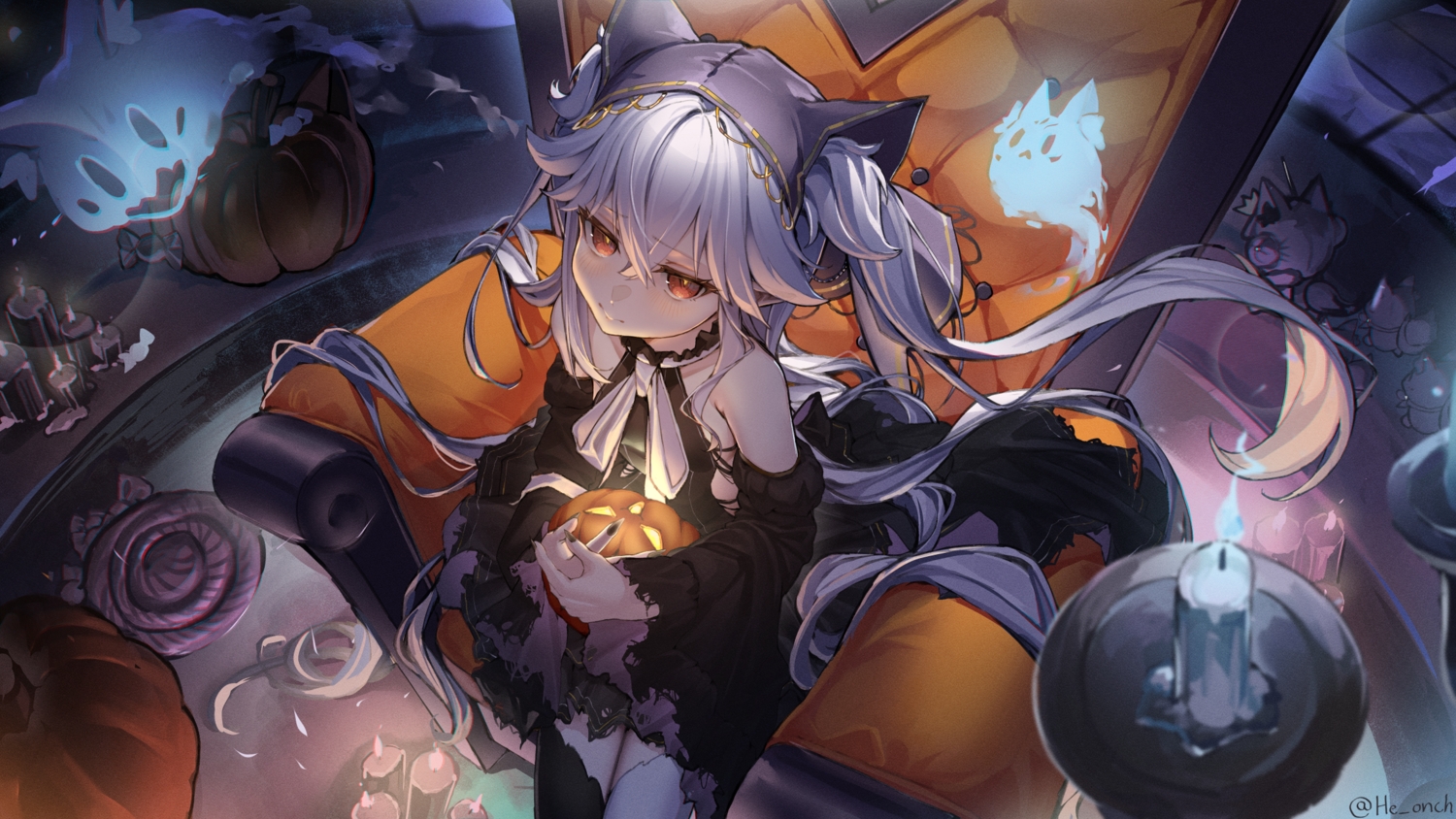 blush, bow, dress, foxgirl, goth-loli, halloween, headdress, hololive