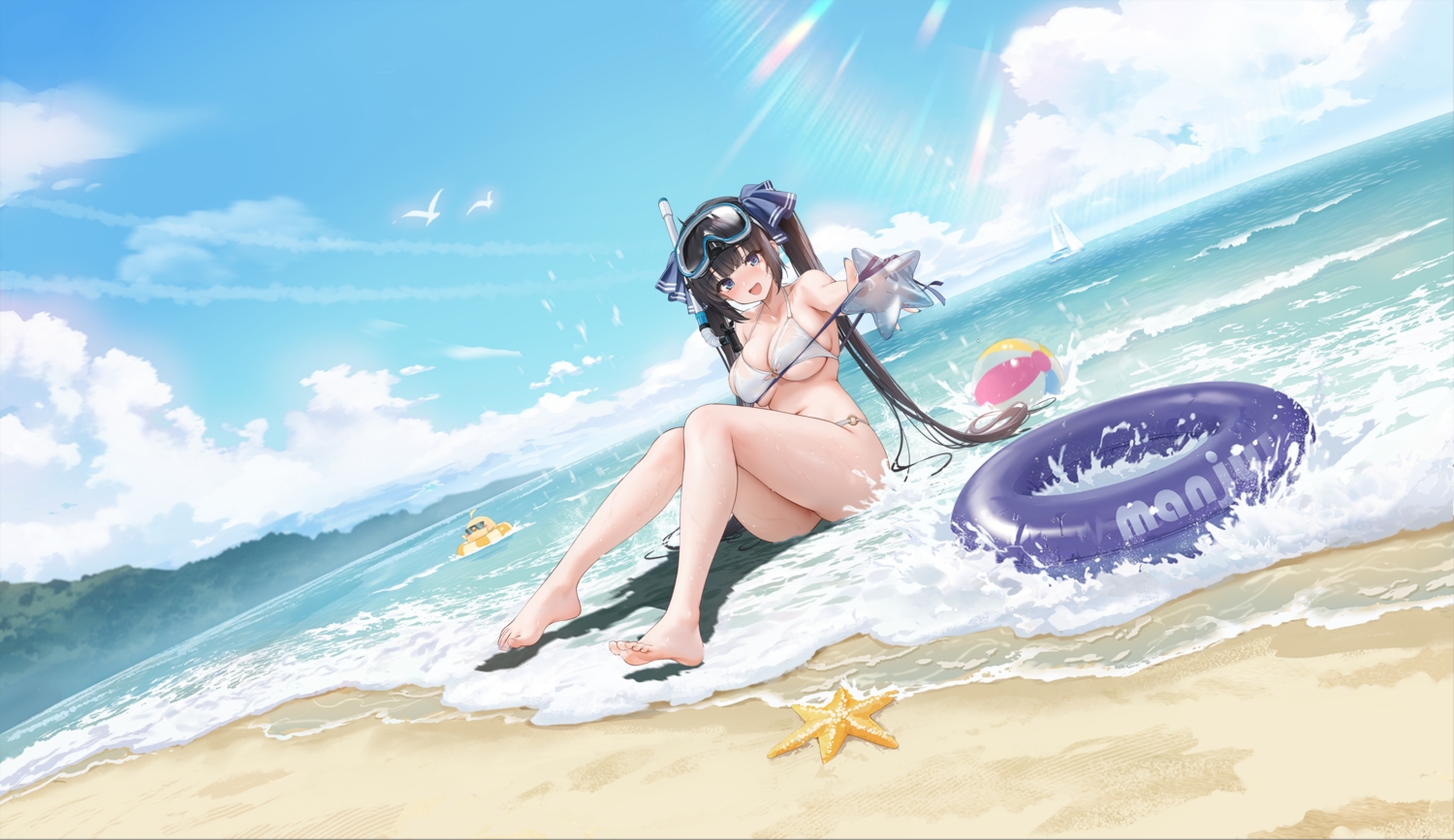 animal, azur_lane, ball, barefoot, beach, bikini, bird, black_hair