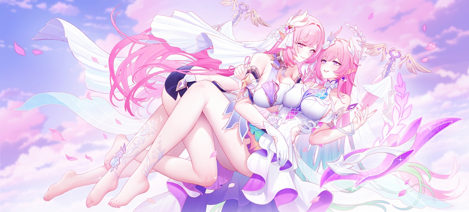 2girls, barefoot, bell, blush, breasts, cleavage, clouds, crossover