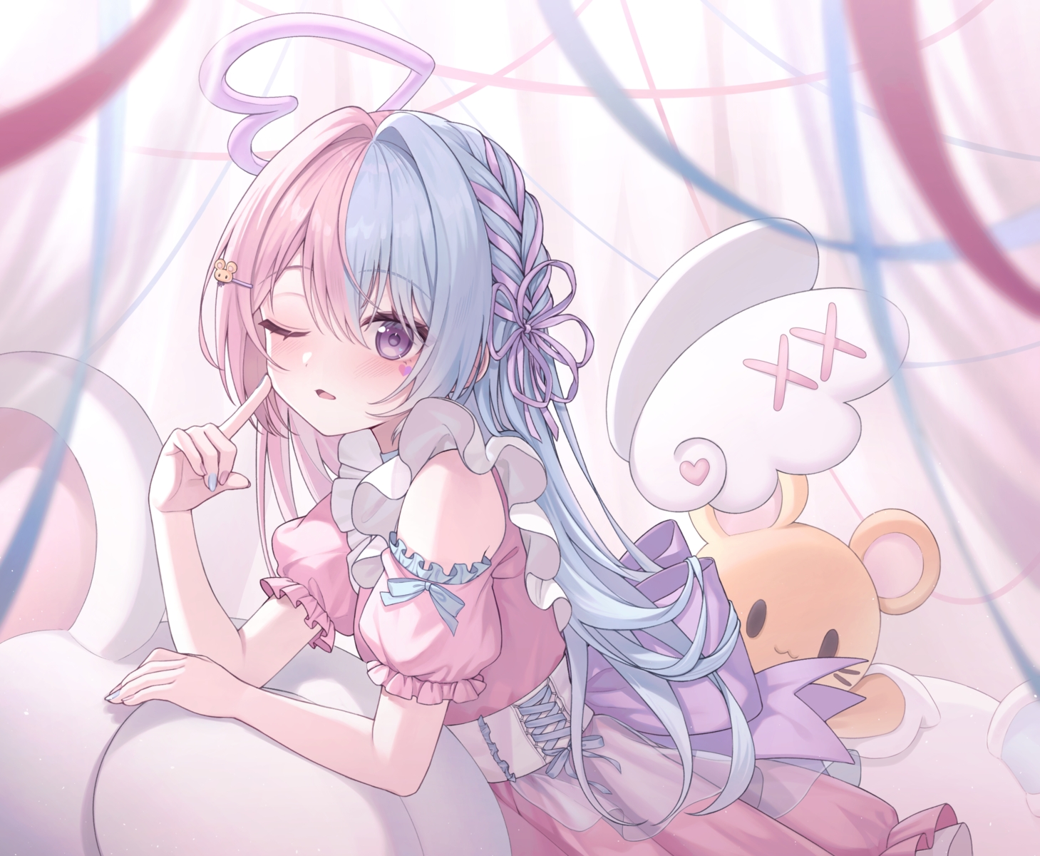 angel, blush, bow, braids, choker, corset, dress, halo