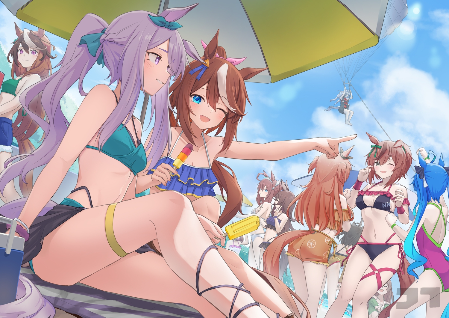 animal_ears, anthropomorphism, aqua_eyes, ass, barefoot, bikini, blue_hair, blush