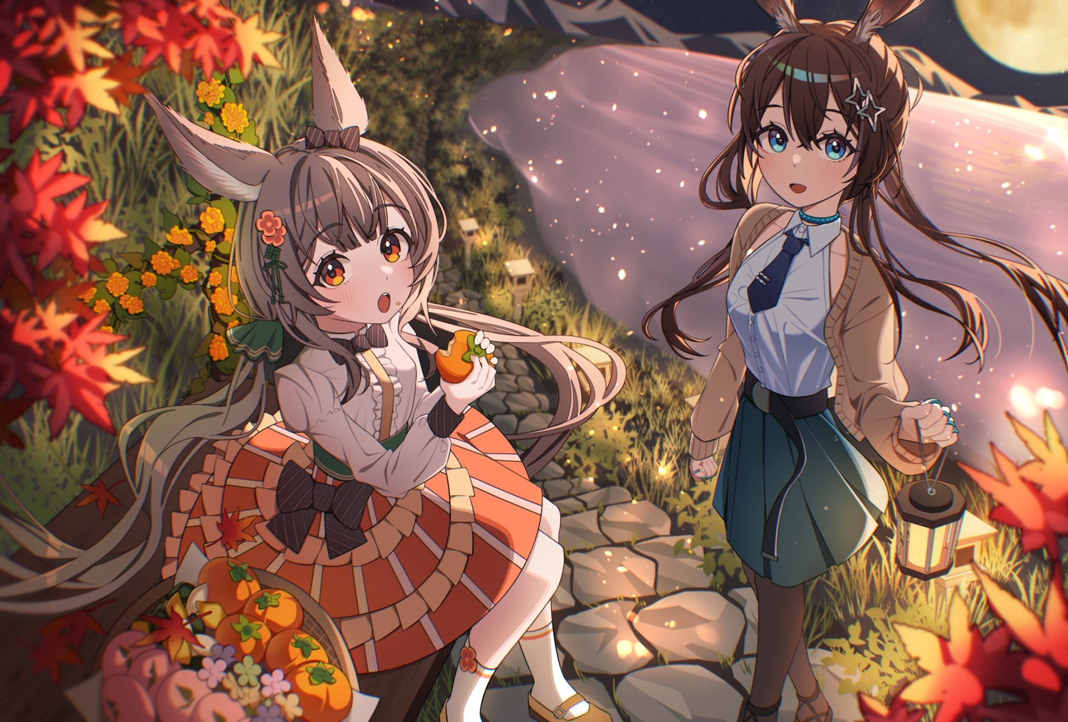 2girls, amiya_(arknights), animal_ears, arknights, autumn, blue_eyes, blush, bow