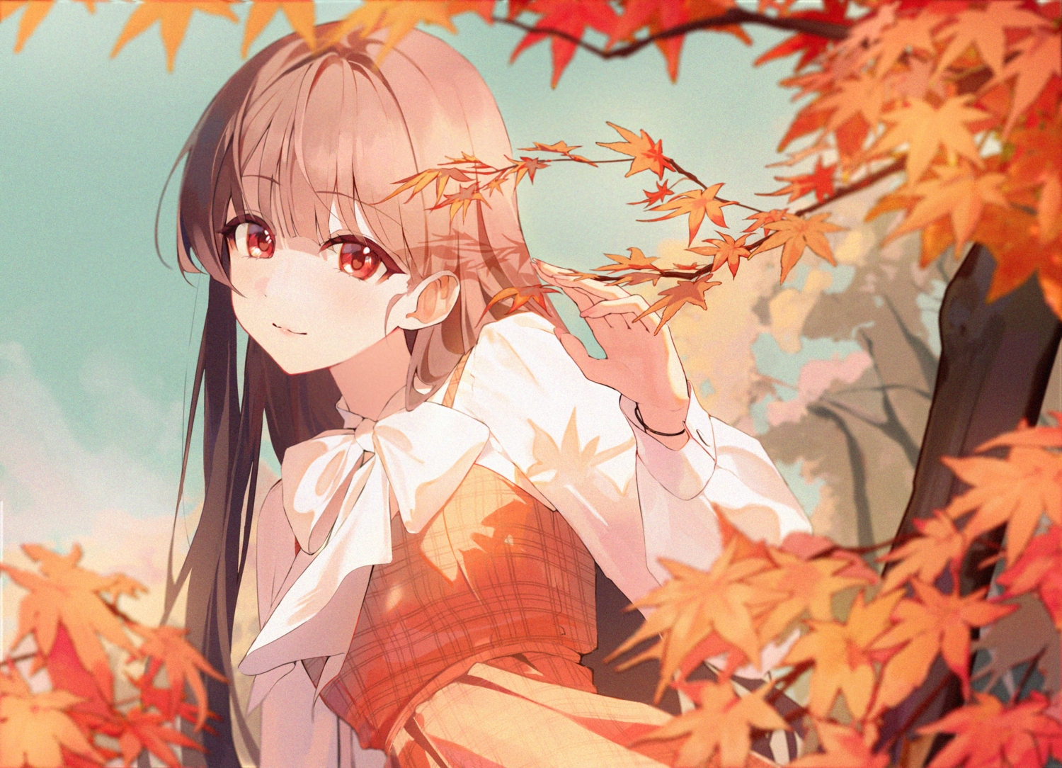 autumn, blush, bow, brown_hair, dress, leaves, long_hair, original