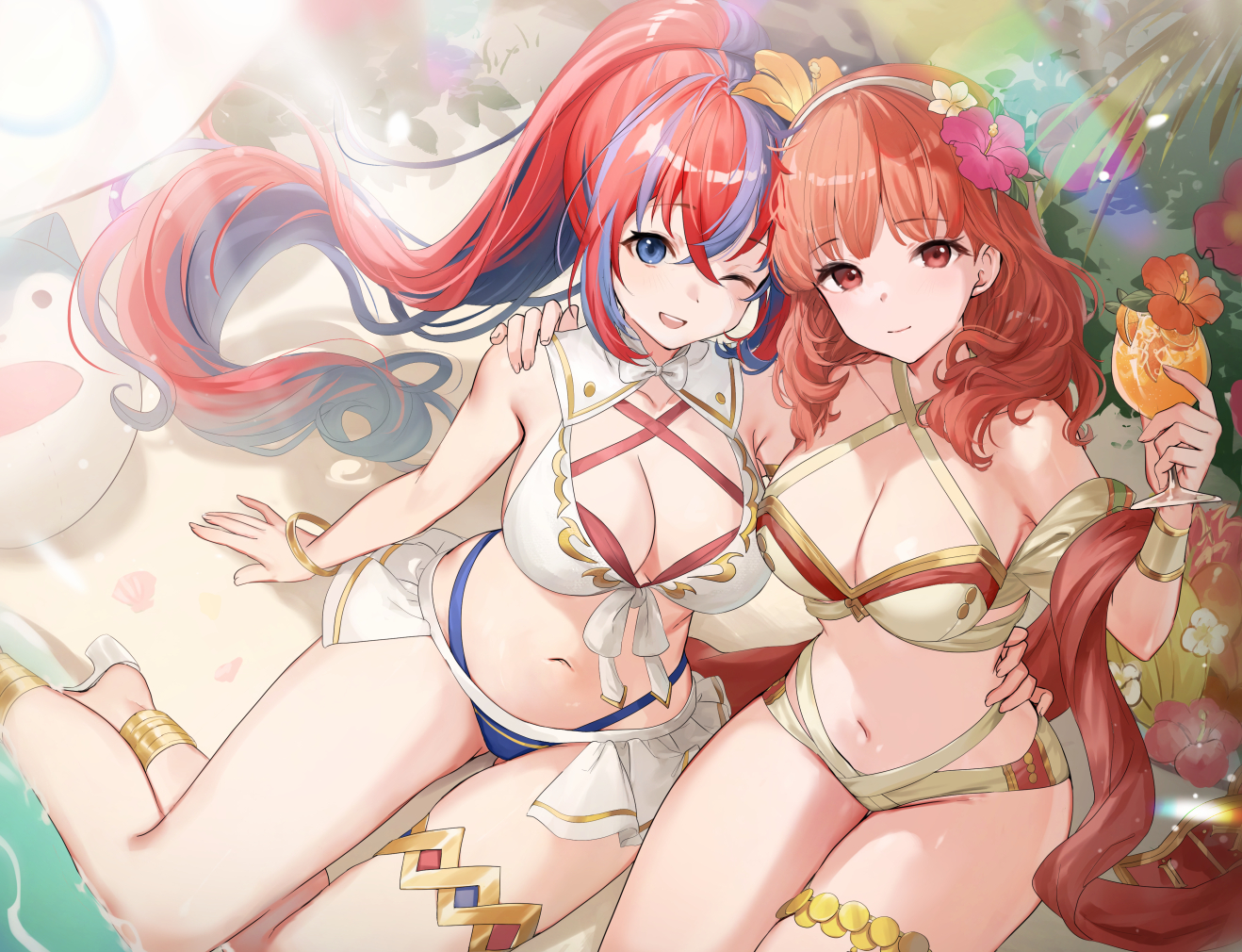 2girls, alear_(female)_(fire_emblem), aliasing, bikini, blue_eyes, bow, breasts, celica_(fire_emblem), cleavage, drink, fire_emblem, flowers, garter, haru_(nakajou-28), hug, long_hair, navel, ponytail, red_eyes, red_hair, swimsuit, wink, wristwear
