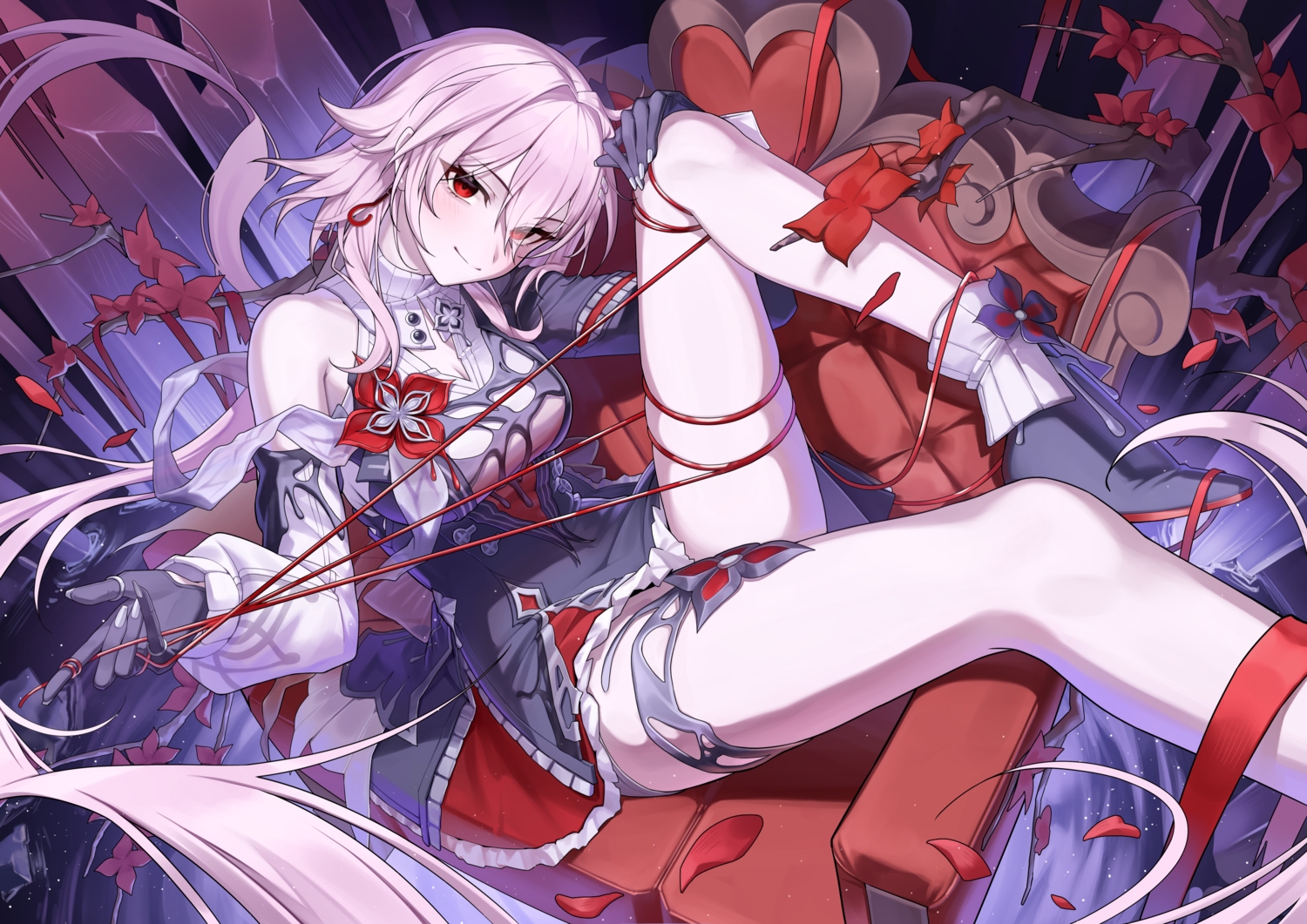 blush, bondage, boots, dress, evernight_(honkai:_star_rail), flowers, garter, gloves, honkai_(series), honkai:_star_rail, long_hair, march_7th_(honkai:_star_rail), petals, pink_hair, red_eyes, ribbons, uohara_shinji, water