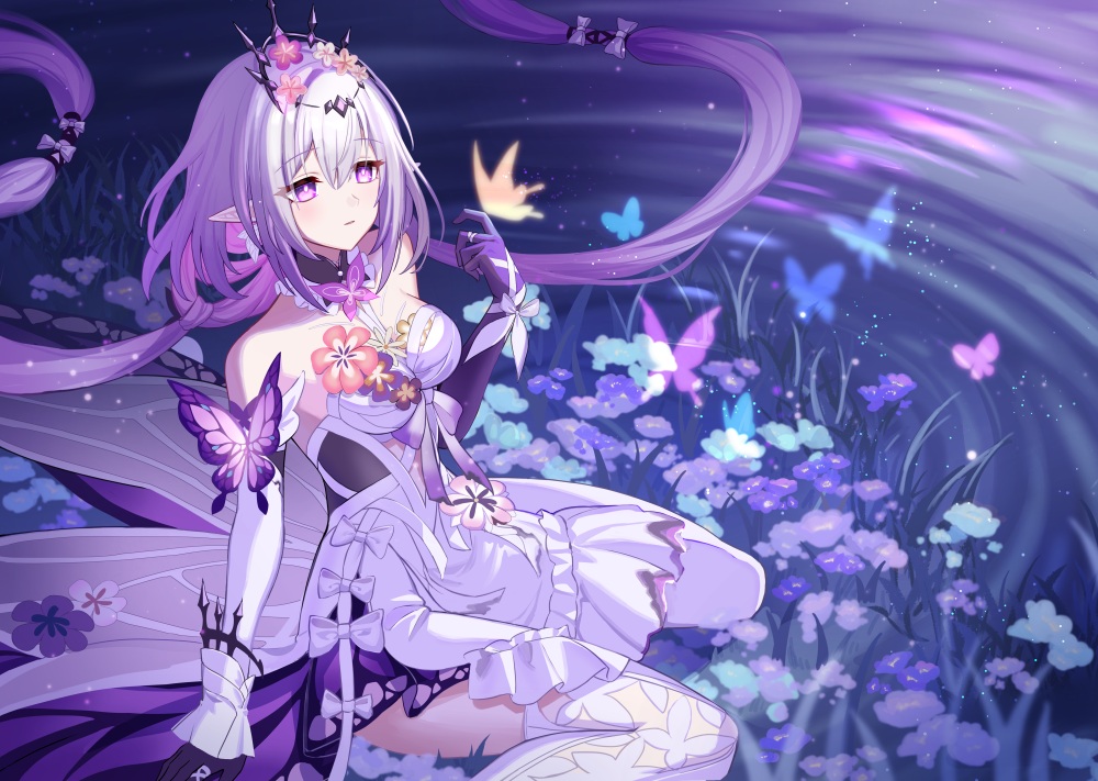 aliasing, butterfly, castorice_(honkai:_star_rail), dress, elbow_gloves, flowers, gloves, grass