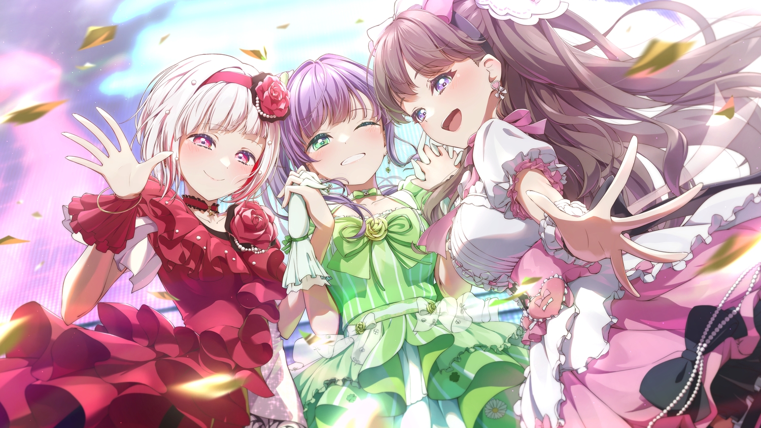 blush, bow, brown_hair, choker, dress, fujishima_megumi, gloves, green_eyes, headband, link!_like!_love_live!, long_hair, love_live!_school_idol_project, otomune_kozue, ponytail, prbili, purple_eyes, purple_hair, red_eyes, short_hair, white_hair, wink, wristwear, yugiri_tsuzuri