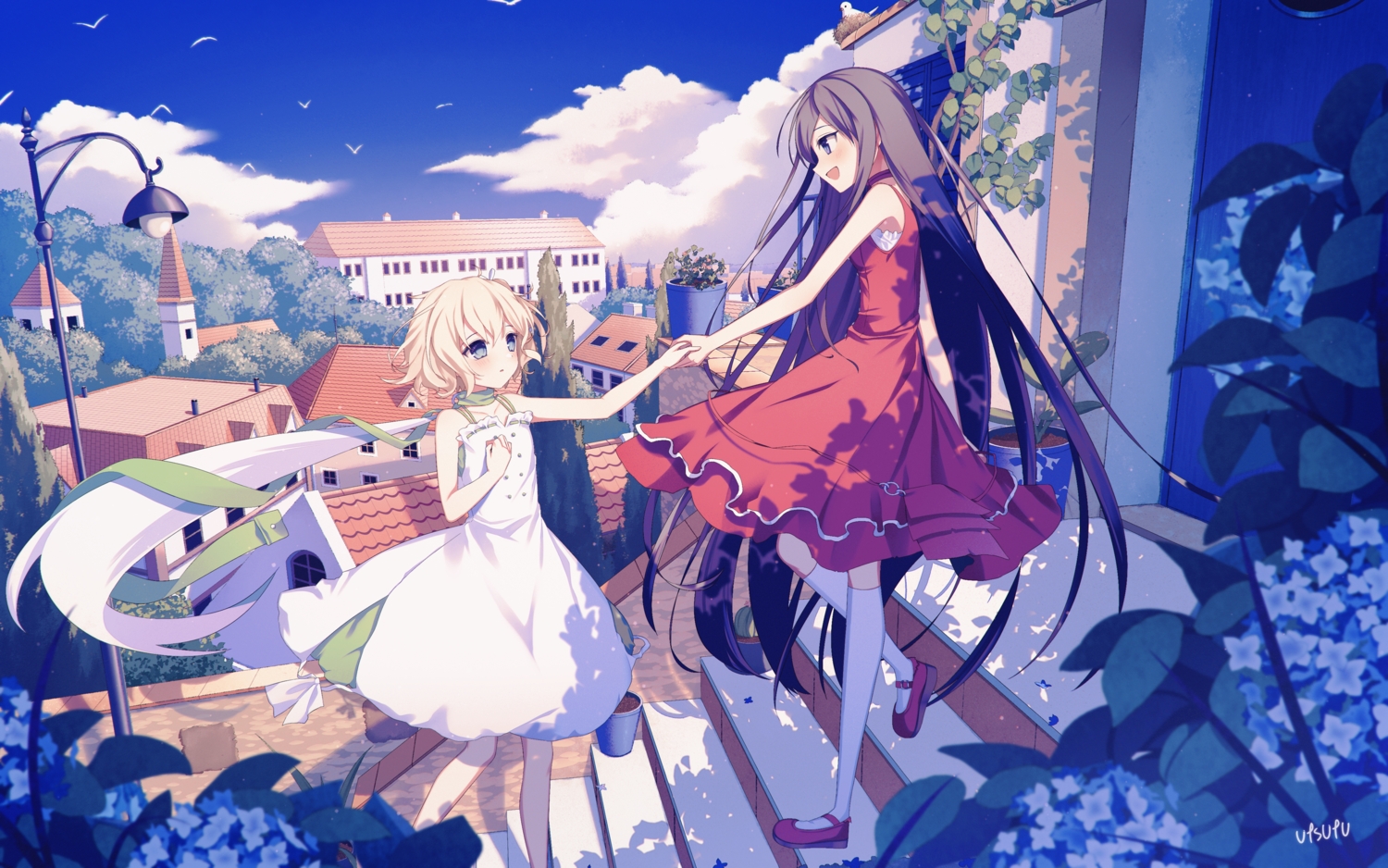 2girls, aliasing, belle, black_hair, blonde_hair, blue_eyes, blush, building