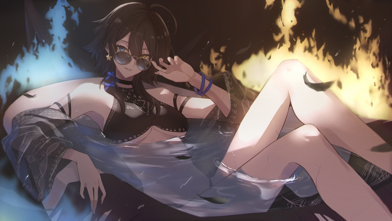 anthropomorphism, azur_lane, bath, bathtub, bicolored_eyes, bikini, black_hair, breasts
