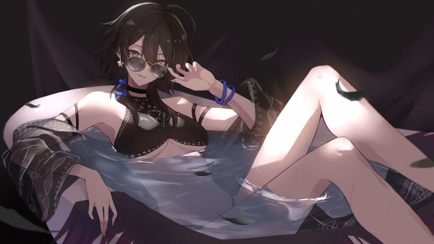 anthropomorphism, azur_lane, bath, bathtub, bicolored_eyes, bikini, black_hair, breasts, choker, georgia_(azur_lane), leaves, neu_(musyoku-neet), see_through, shade, short_hair, sunglasses, swimsuit, underboob, water, wet, wristwear