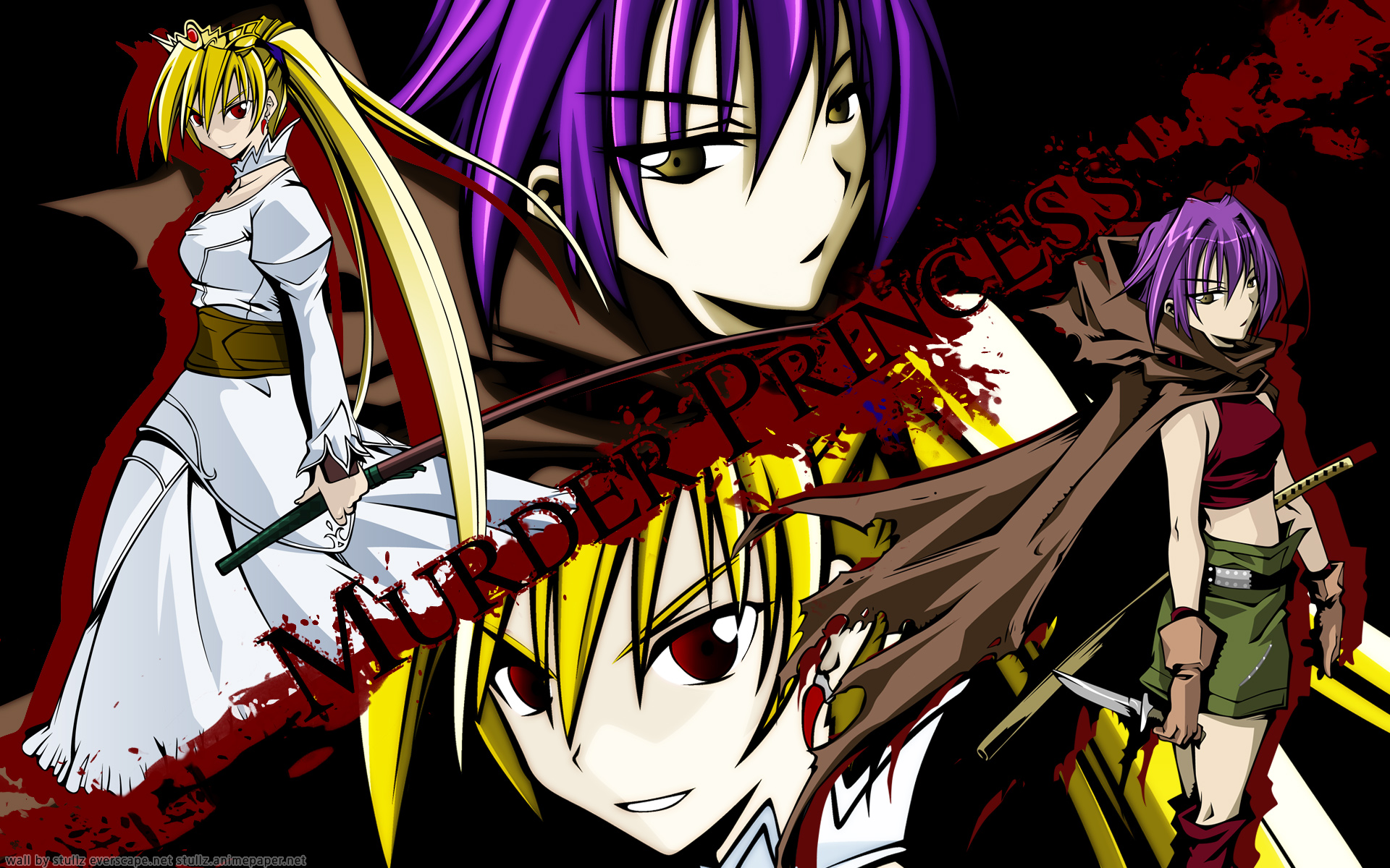 blonde_hair, cape, dress, jpeg_artifacts, katana, knife, long_hair, murder_princess, purple_hair, short_hair, skirt, sword, tiara, watermark, weapon