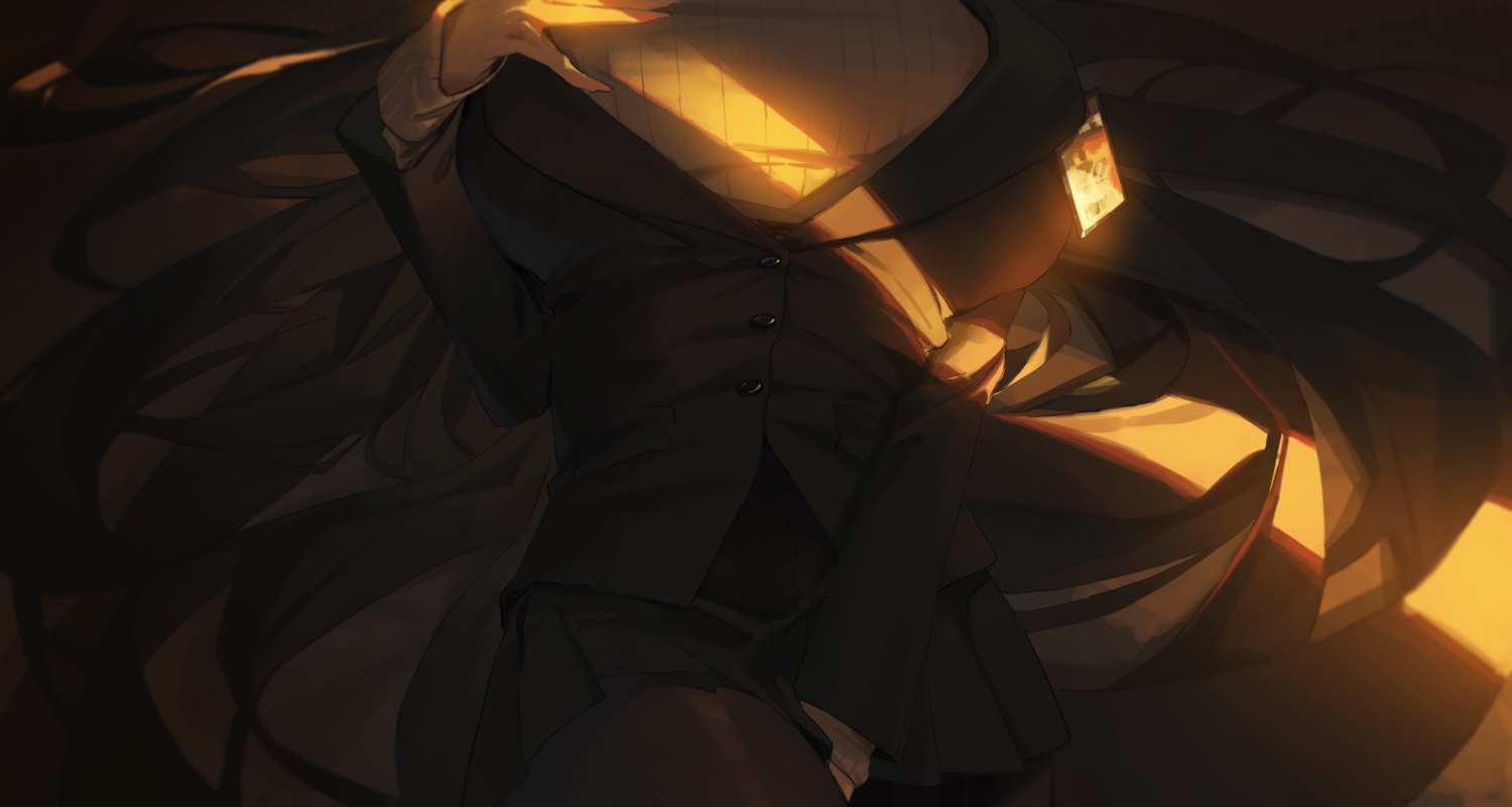 black_hair, blue_archive, breasts, close, dark, li-mi, long_hair, pantyhose, skirt, tsukatsuki_rio