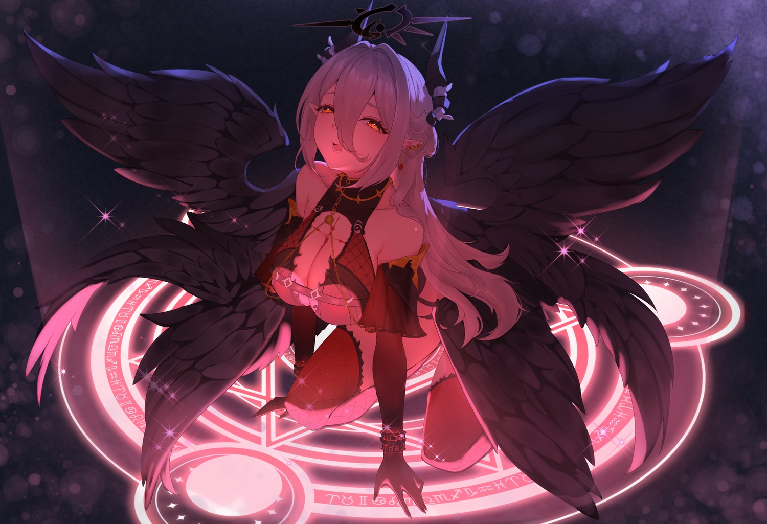 breasts, chain, cleavage, demon, elbow_gloves, gloves, gray_hair, halo