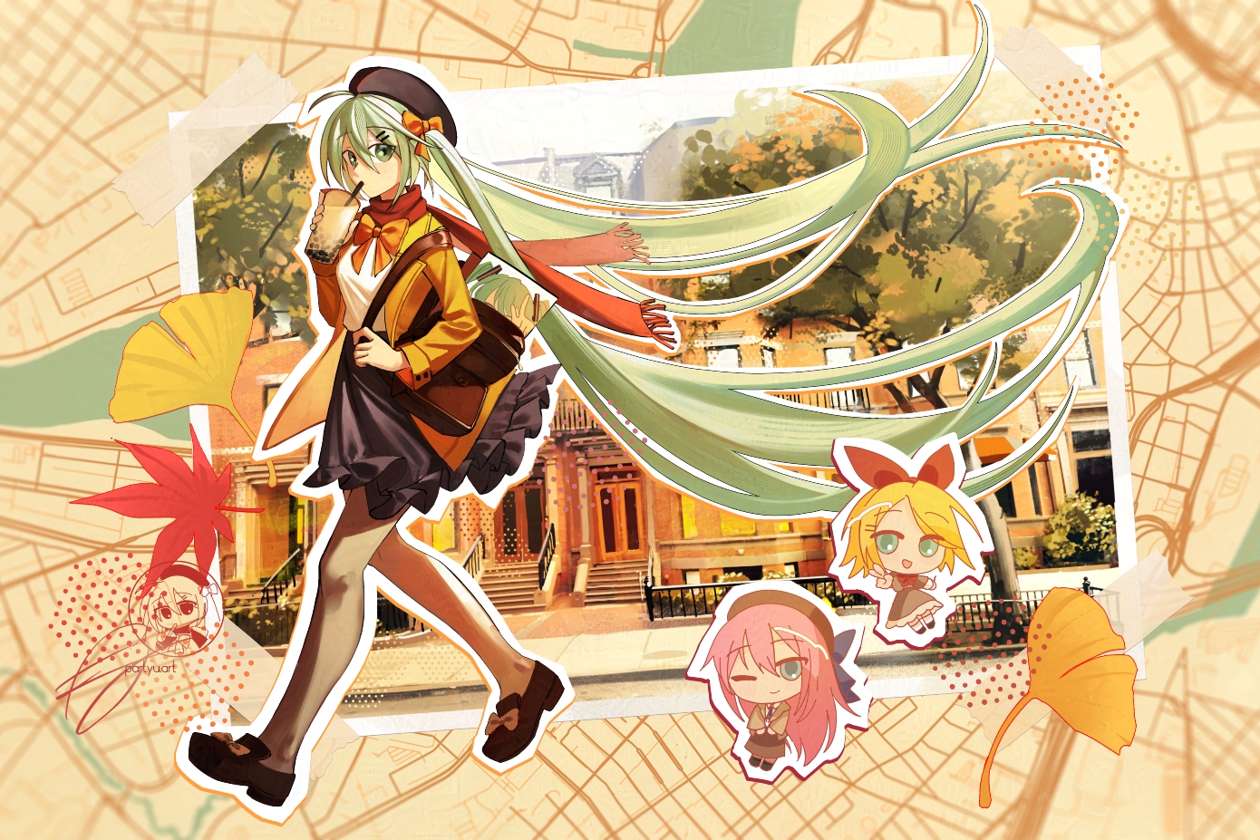 aqua_eyes, autumn, blonde_hair, bow, building, chibi, dress, drink