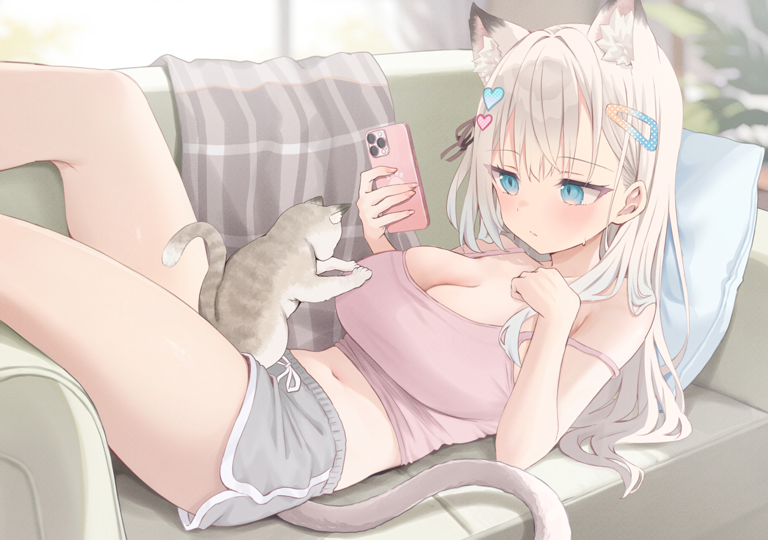 akino_ell, animal, animal_ears, aqua_eyes, blush, breasts, cat, catgirl
