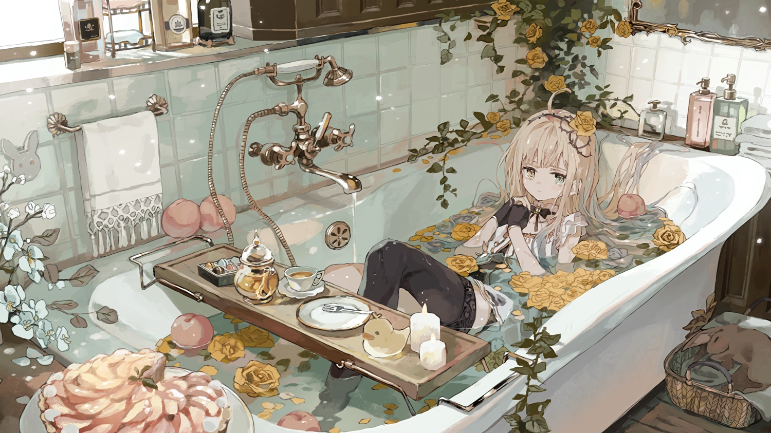 animal, bath, bathtub, bicolored_eyes, bow, brown_hair, choker, crying