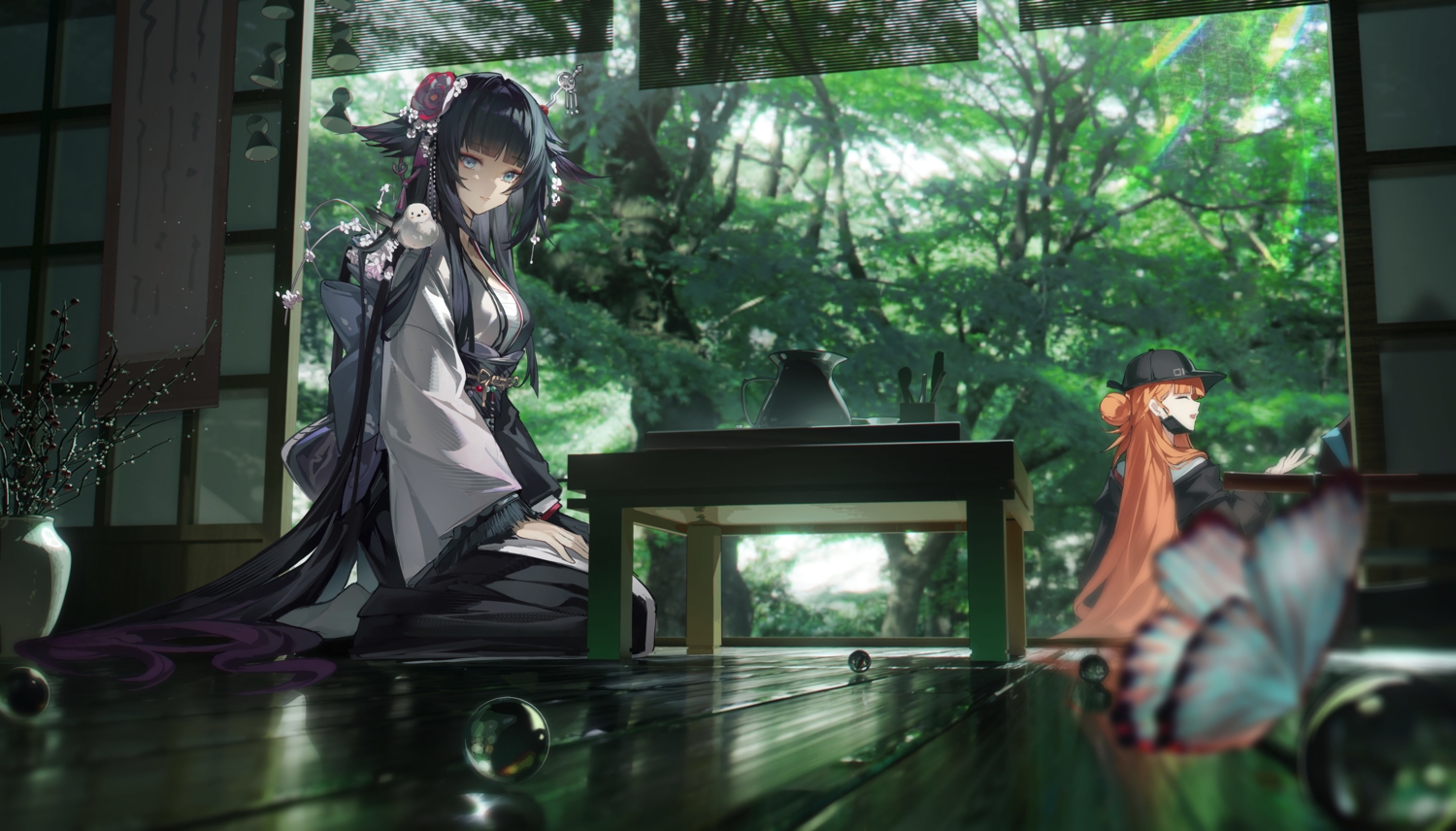 2girls, animal, arknights, bird, black_hair, blue_eyes, bow, butterfly, doctor_(arknights), green, haruka_(arknights), hat, hood, japanese_clothes, kimono, long_hair, madao, mask, mio_(arknights), orange_hair, socks, tree