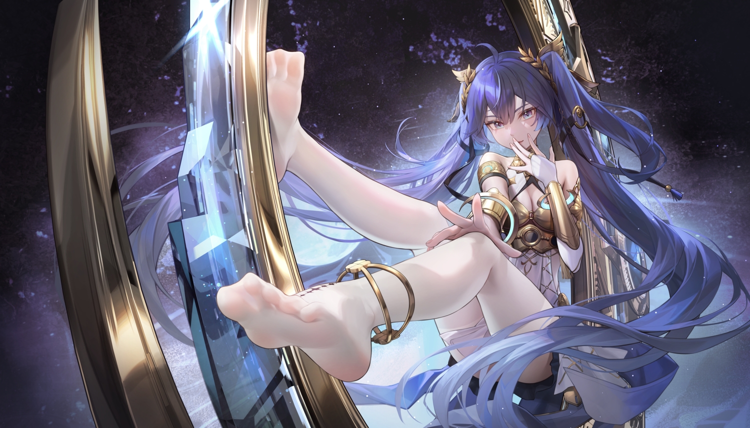 armor, blue_eyes, blue_hair, breasts, cleavage, dress, iuno_(wuthering_waves), long_hair