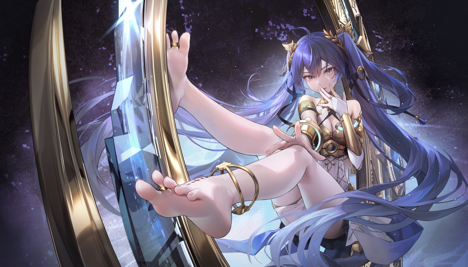 armor, barefoot, blue_eyes, blue_hair, breasts, cleavage, dress, garter, iuno_(wuthering_waves), long_hair, magic, ribbons, twintails, wristwear, wuthering_waves, zhenli-mari