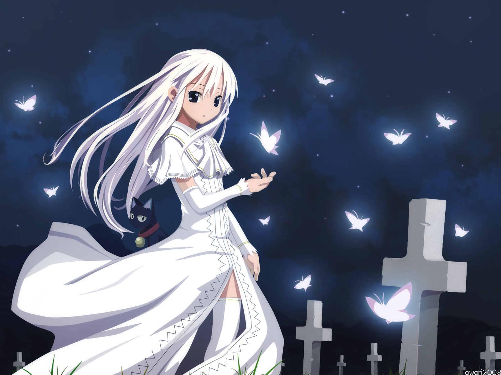 butterfly, daniel, momo_(shinigami_no_ballad), night, shinigami_no_ballad, white_hair