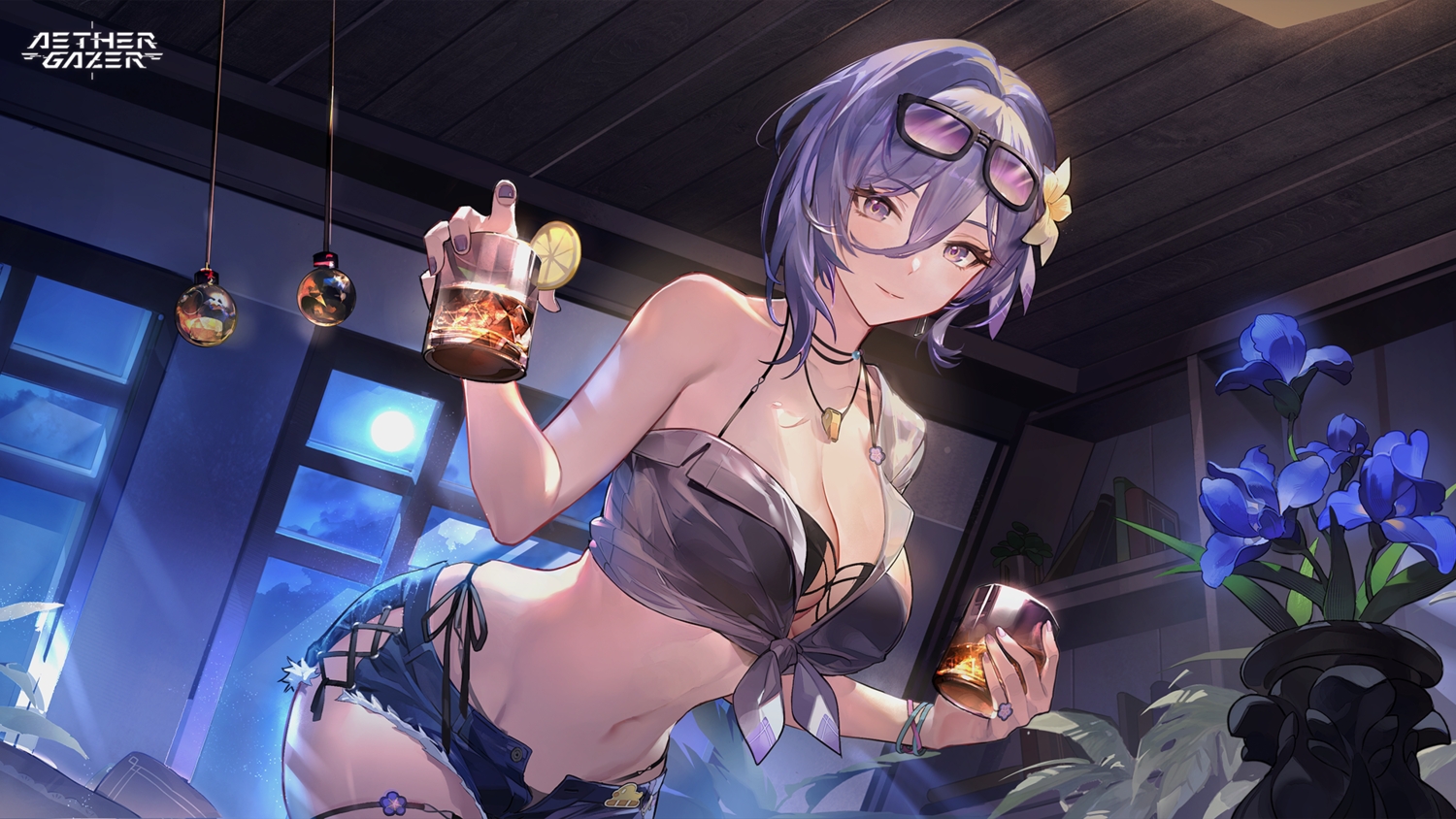 aether_gazer, bikini, breasts, cleavage, clouds, flowers, garter, logo, moon, navel, purple_eyes, purple_hair, selene_(aether_gazer), short_hair, shorts, sky, sunglasses, swimsuit, tagme_(artist), wristwear