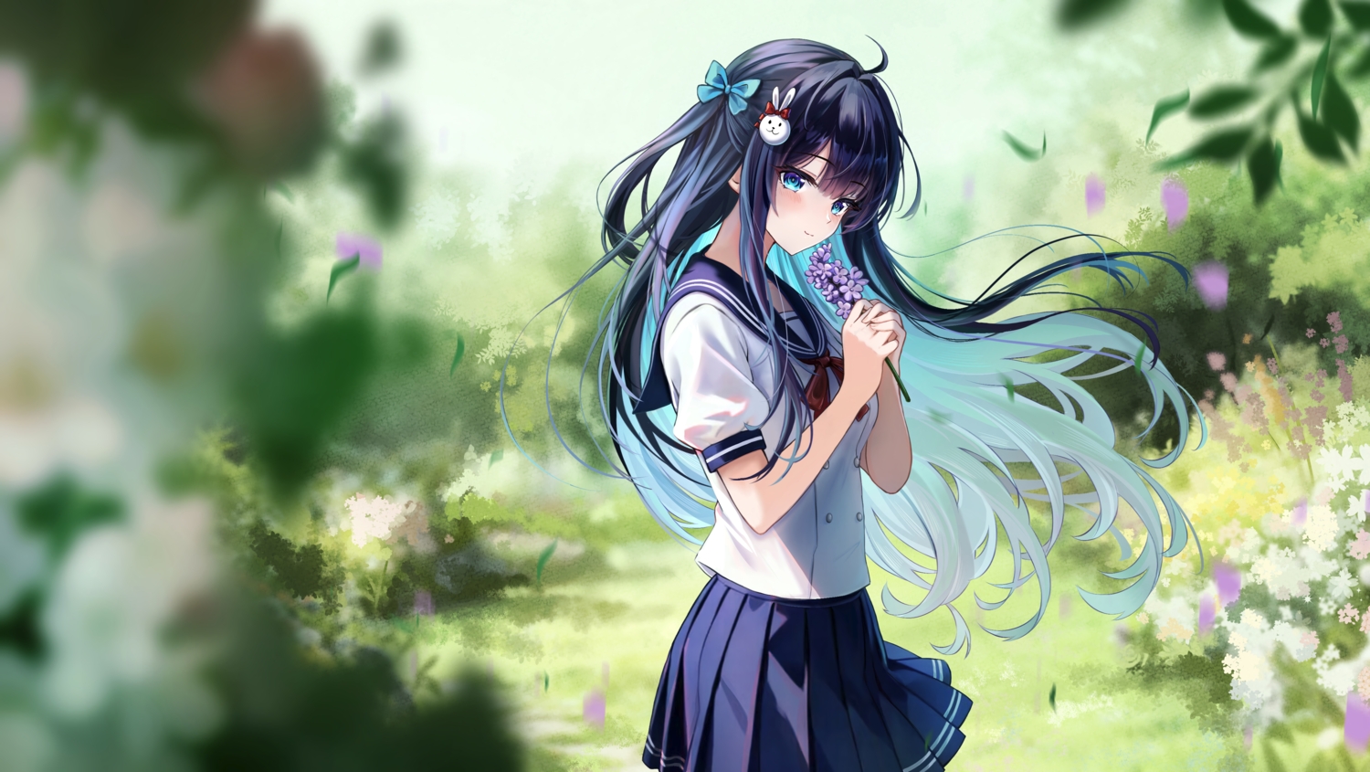 akusamu, aqua_eyes, black_hair, blush, bow, flowers, grass, leaves, long_hair, original, petals, school_uniform, shirt, skirt