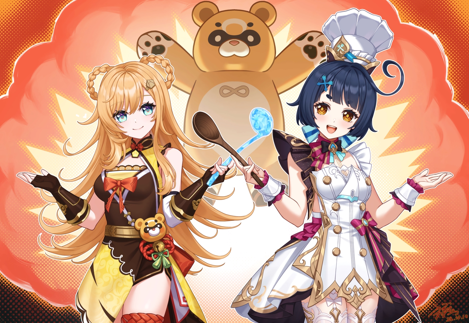 2girls, animal, aqua_eyes, bear, blue_hair, bow, braids, brown_eyes