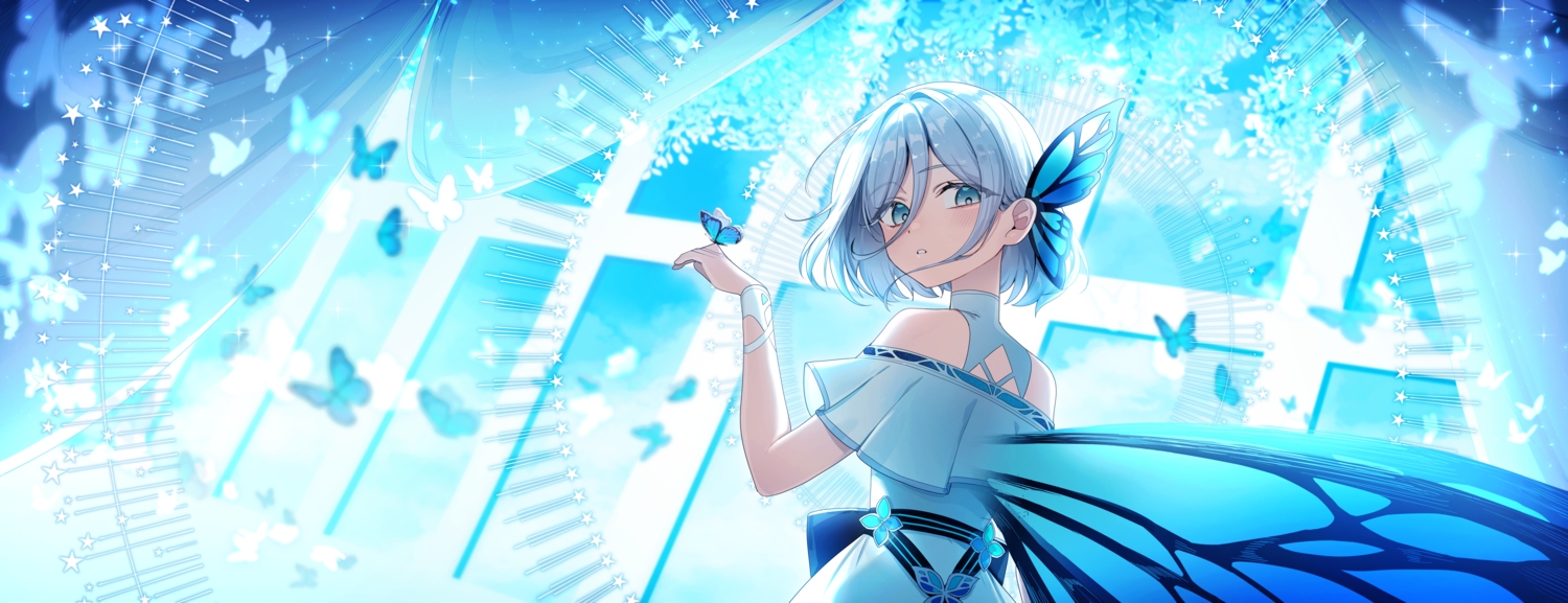 aqua_eyes, black_survival, blue, blush, butterfly, dress, eternal_return:_black_survival, gray_hair, moonb3702, short_hair, vanya_(black_survival), wings