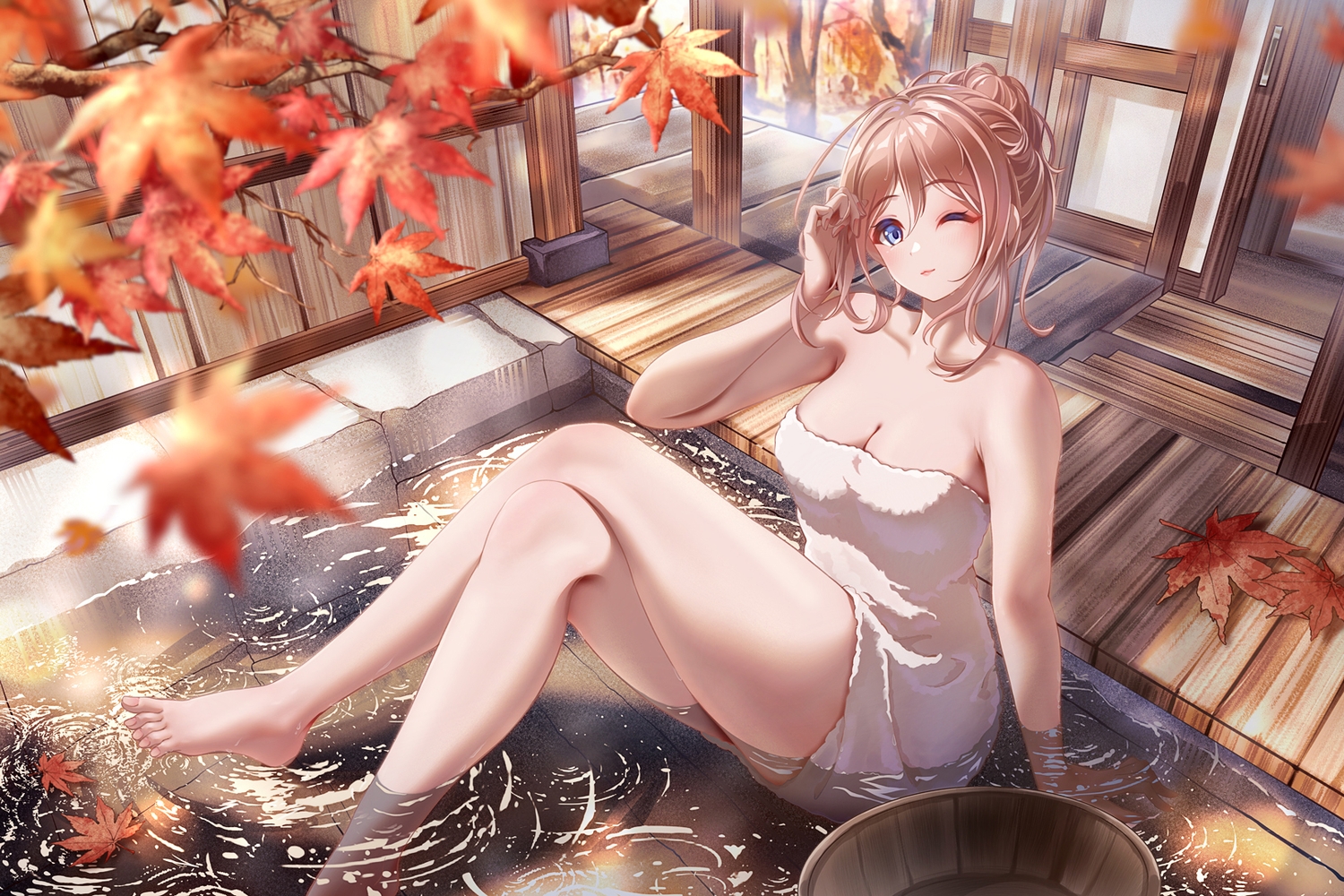 autumn, barefoot, blue_eyes, breasts, brown_hair, building, cleavage, gakuen_idolmaster, himesaki_rinami, idolmaster, leaves, onsen, short_hair, towel, water, wink, wuke_euco