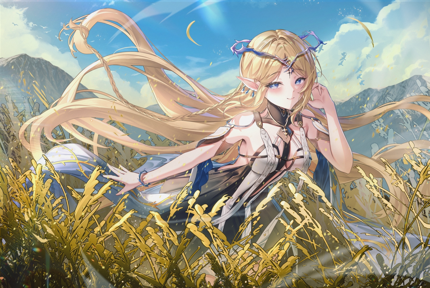 blonde_hair, blue_eyes, blush, cartethyia_(wuthering_waves), clouds, dress, grass, headdress
