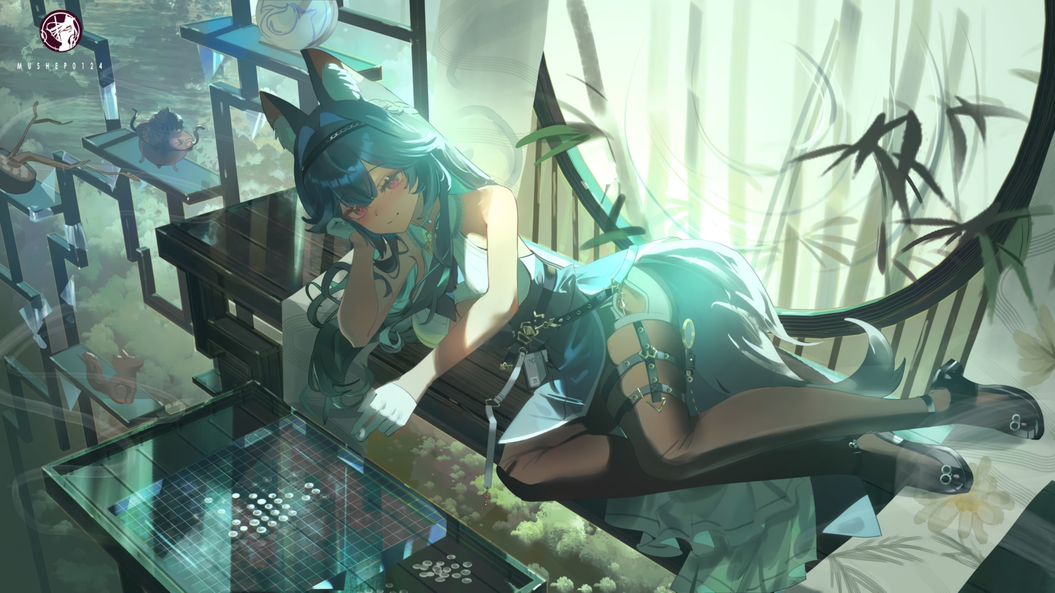 abroccoli, animal_ears, dress, garter, gloves, headband, long_hair, pantyhose, pink_eyes, tail, watermark