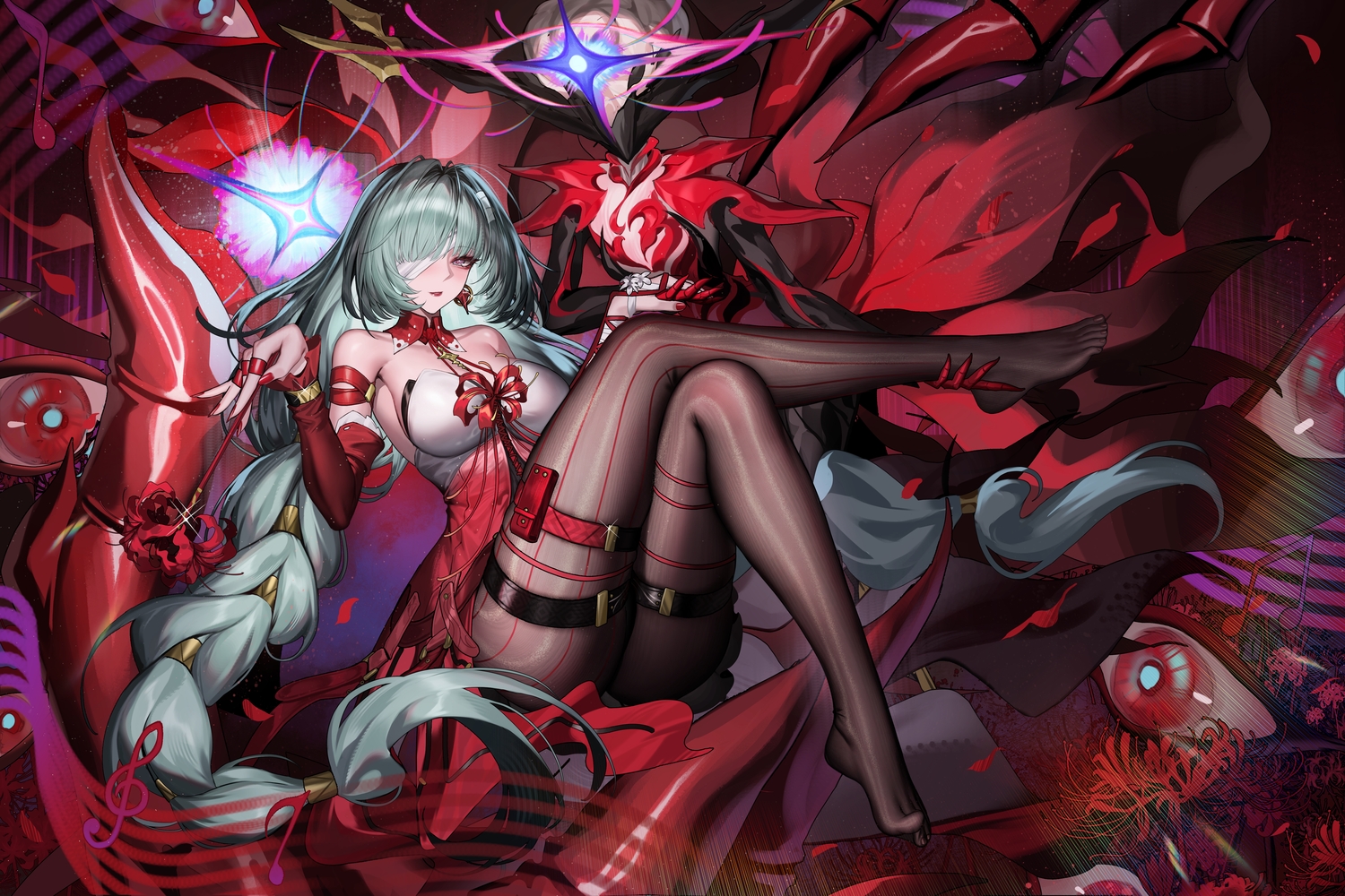 bandage, braids, dress, eyepatch, flowers, garter, green_hair, long_hair