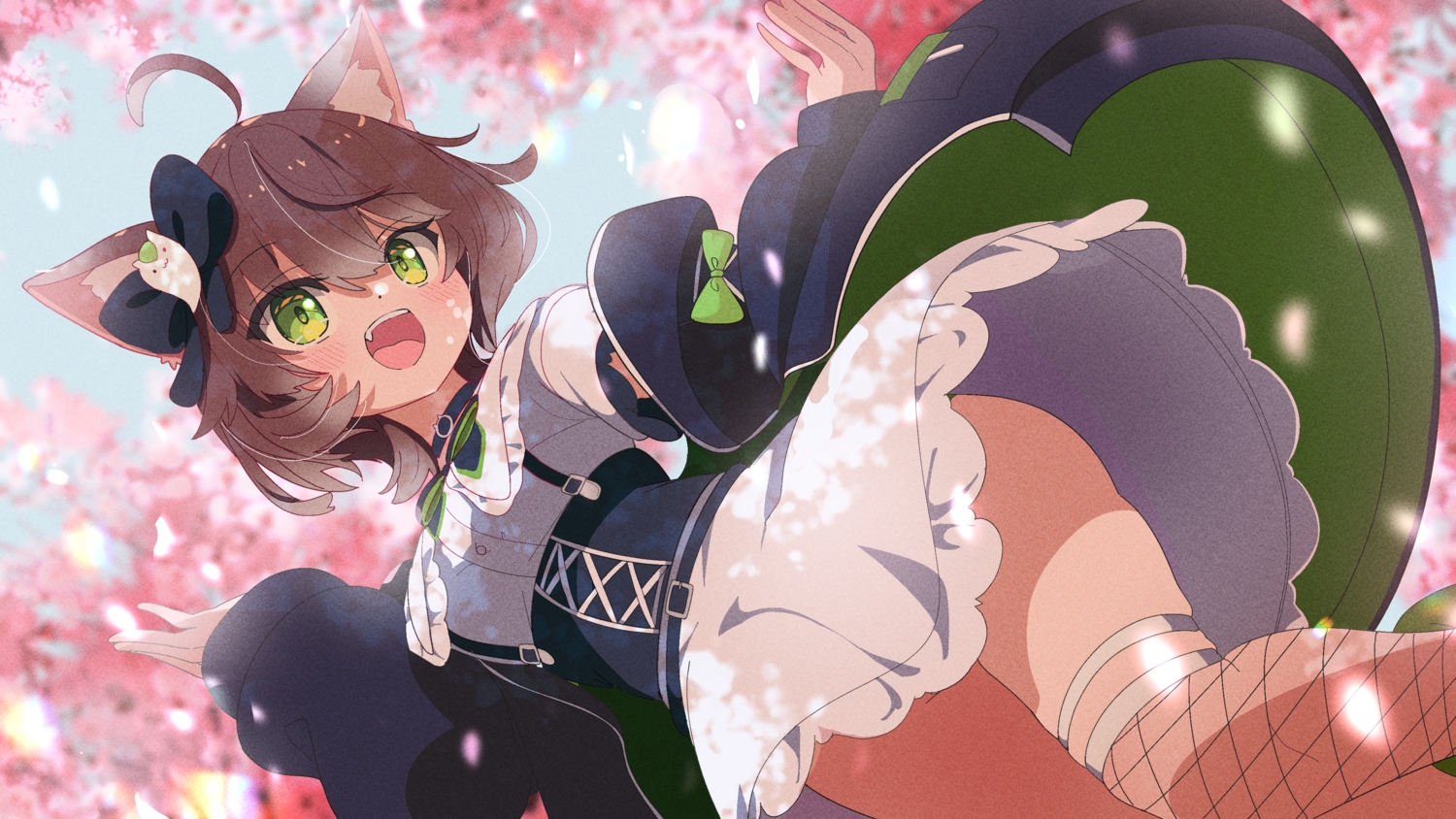aliasing, animal_ears, blush, bow, brown_hair, cherry_blossoms, choker, corset