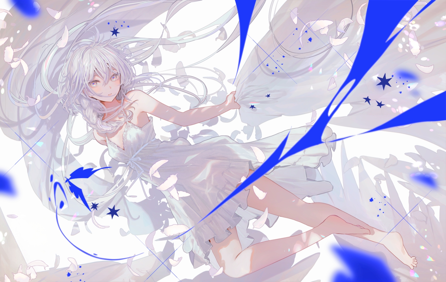 barefoot, dress, feathers, gray_eyes, inaeda_kei, long_hair, summer_dress, third-party_edit
