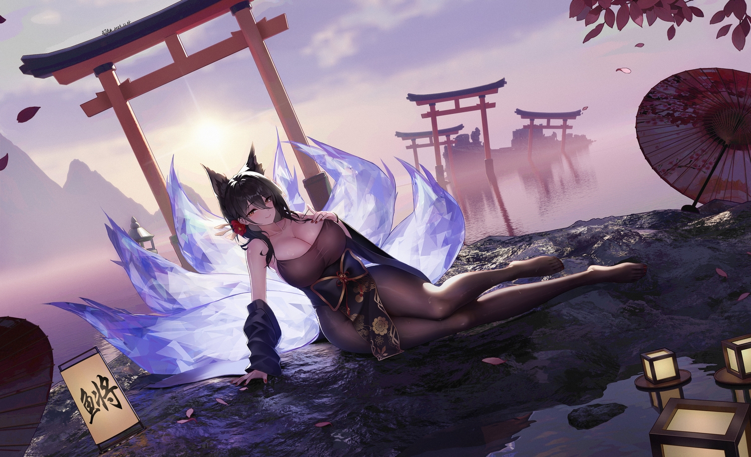 3d, ajaz_(artist), aliasing, animal_ears, anthropomorphism, azur_lane, black_hair, blush