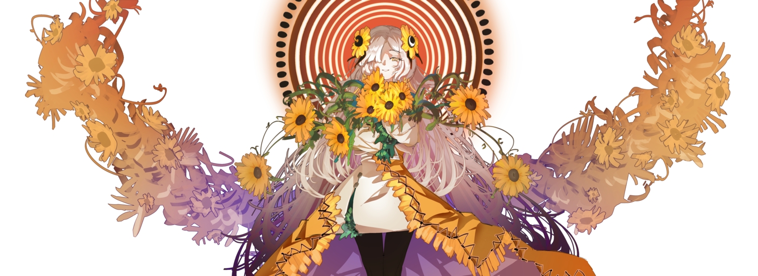 archivexviixxi, dress, flowers, gray_eyes, isekaijoucho, kamitsubaki_studio, long_hair, pantyhose, sunflower, white, white_hair