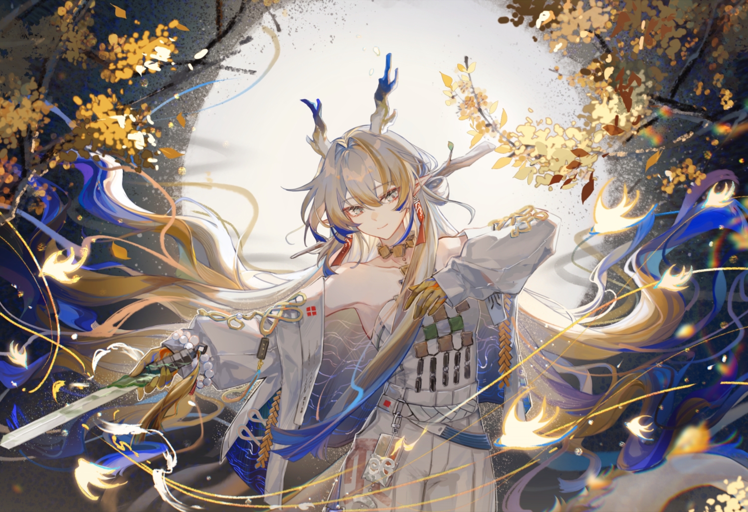 arknights, gray_eyes, gray_hair, horns, long_hair, magic, mangzhi_yaoyao, moon, necklace, pointed_ears, shu_(arknights), sword, tail, tree, weapon, wristwear
