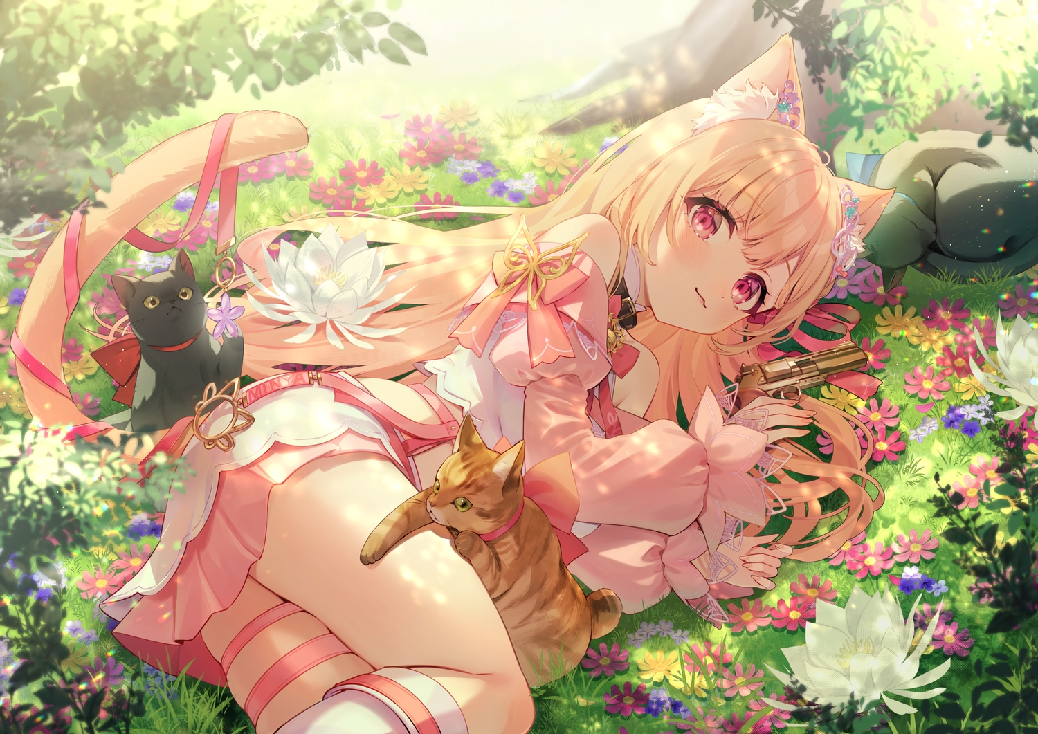 animal, animal_ears, bell, blonde_hair, blush, cat, catgirl, cat_smile