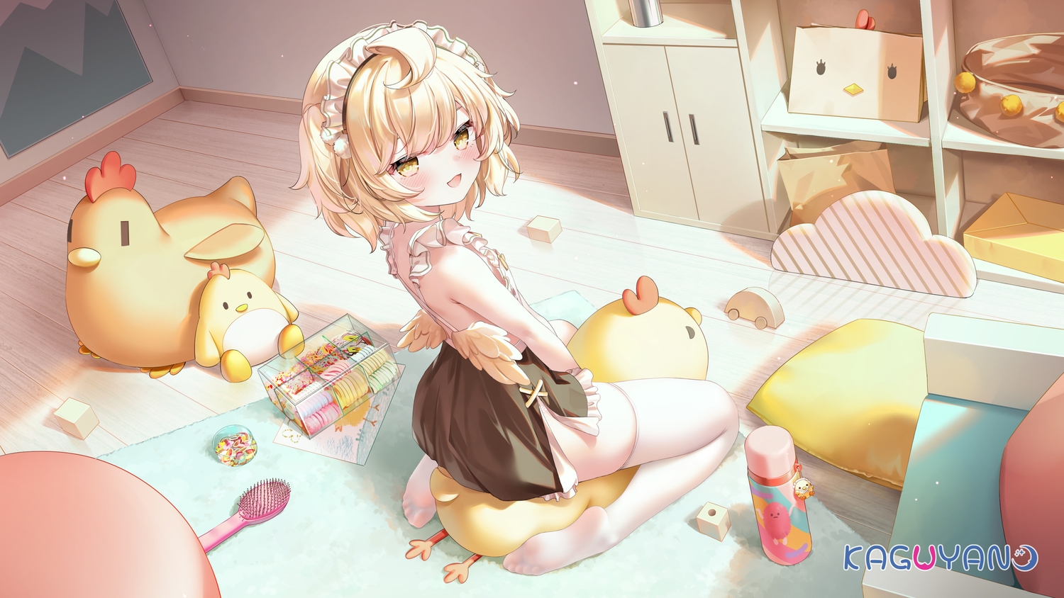 blonde_hair, blush, cat_smile, chen_bin, flat_chest, headdress, kaguyano, logo